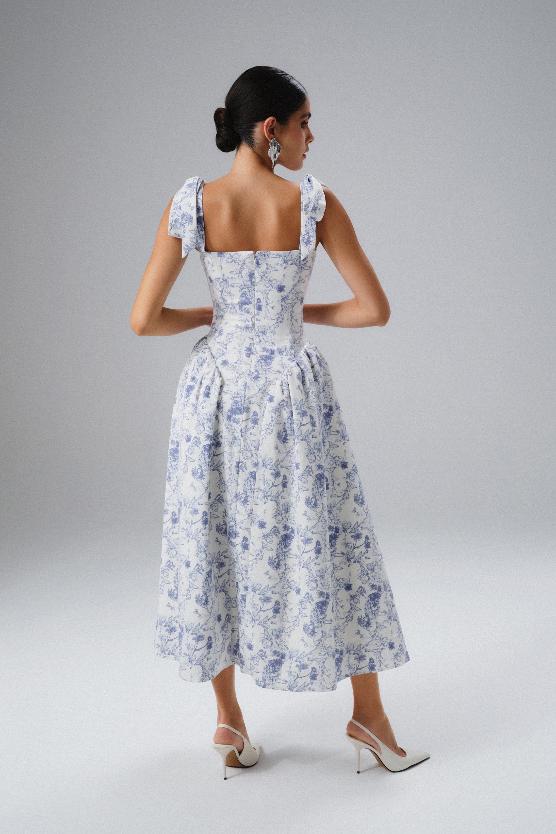 BLOSSOM Tie Shoulder Corset Midi Sundress In Blue Porcelain