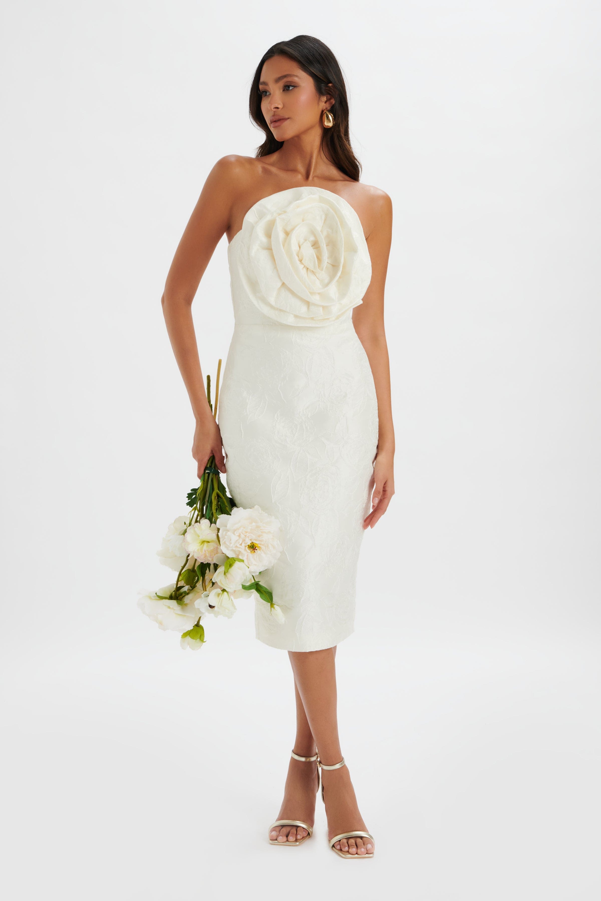 MONTANA 3D Flower Bandeau Midi Dress in White Jacquard