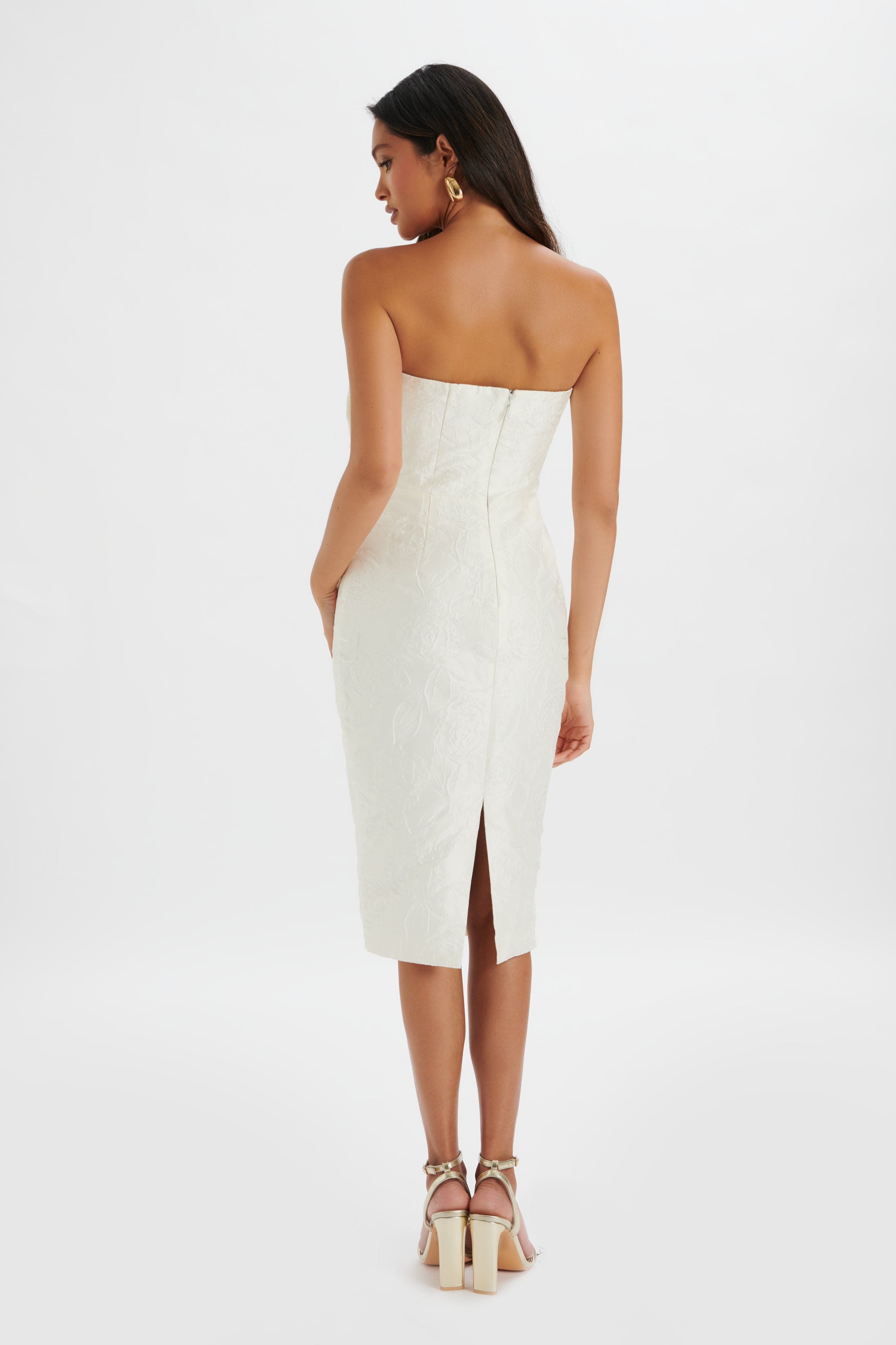 MONTANA 3D Flower Bandeau Midi Dress in White Jacquard