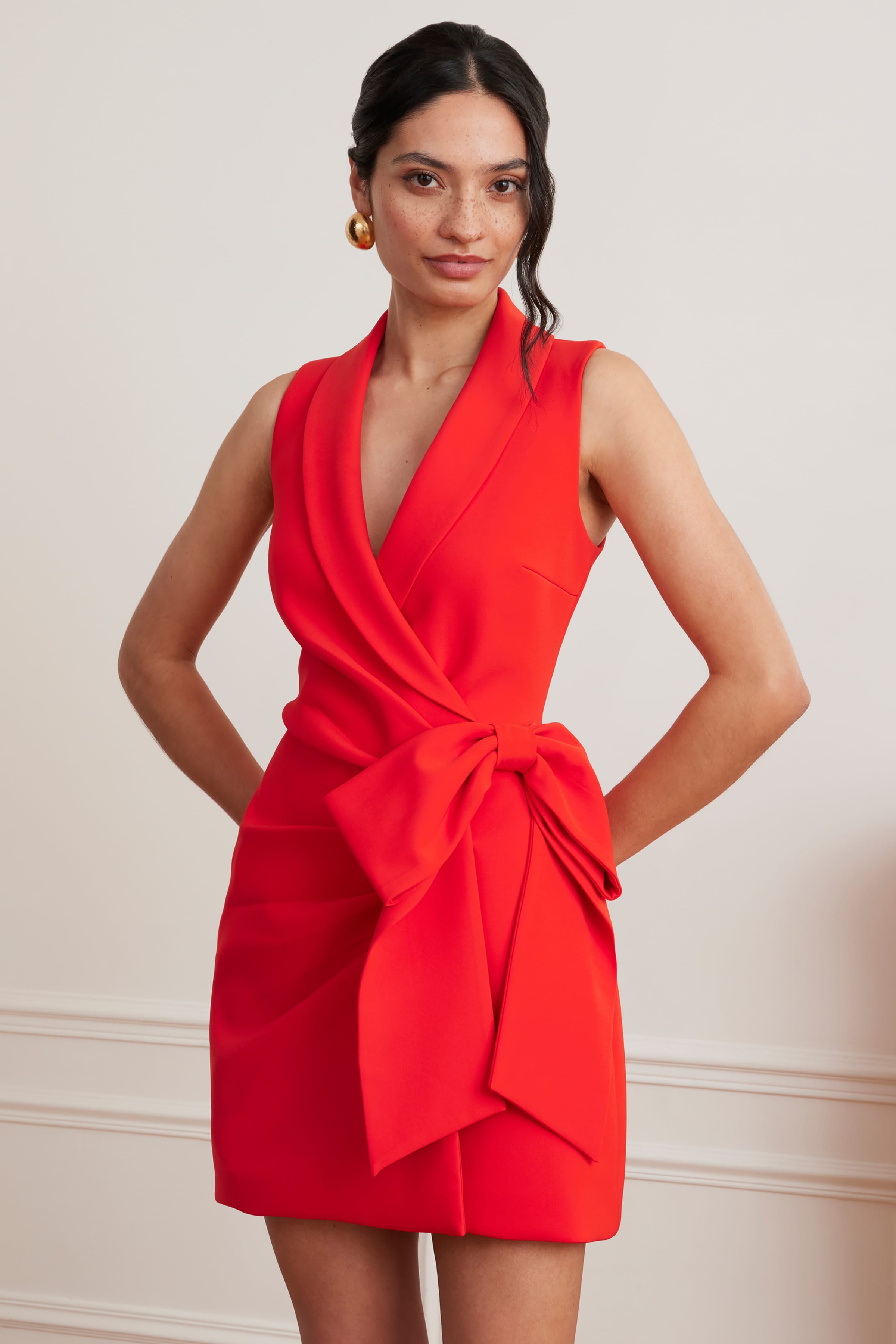 CAMILLE Tailored Blazer Mini Dress With Bow Detail In Scarlet Red