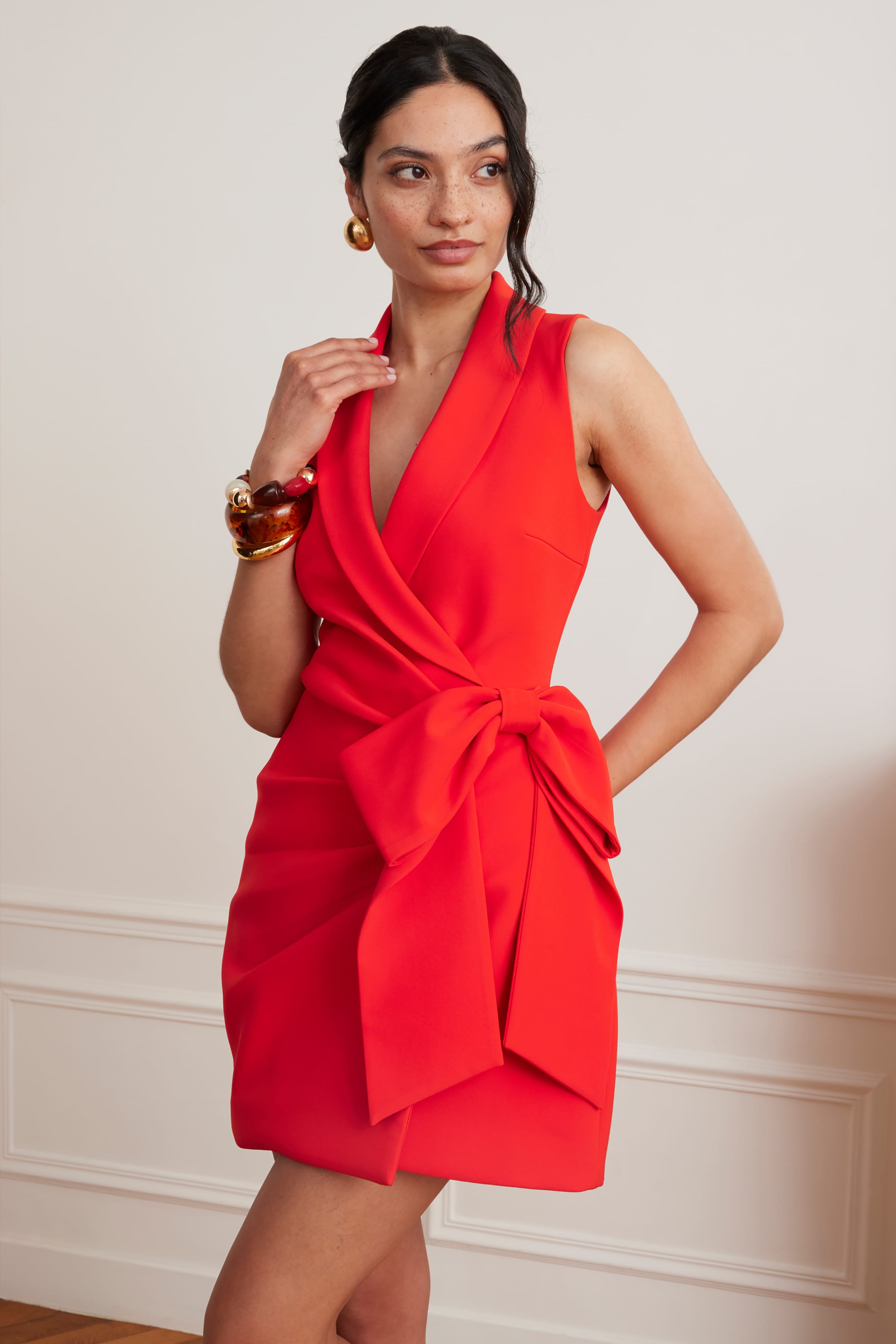 CAMILLE Tailored Blazer Mini Dress With Bow Detail In Scarlet Red