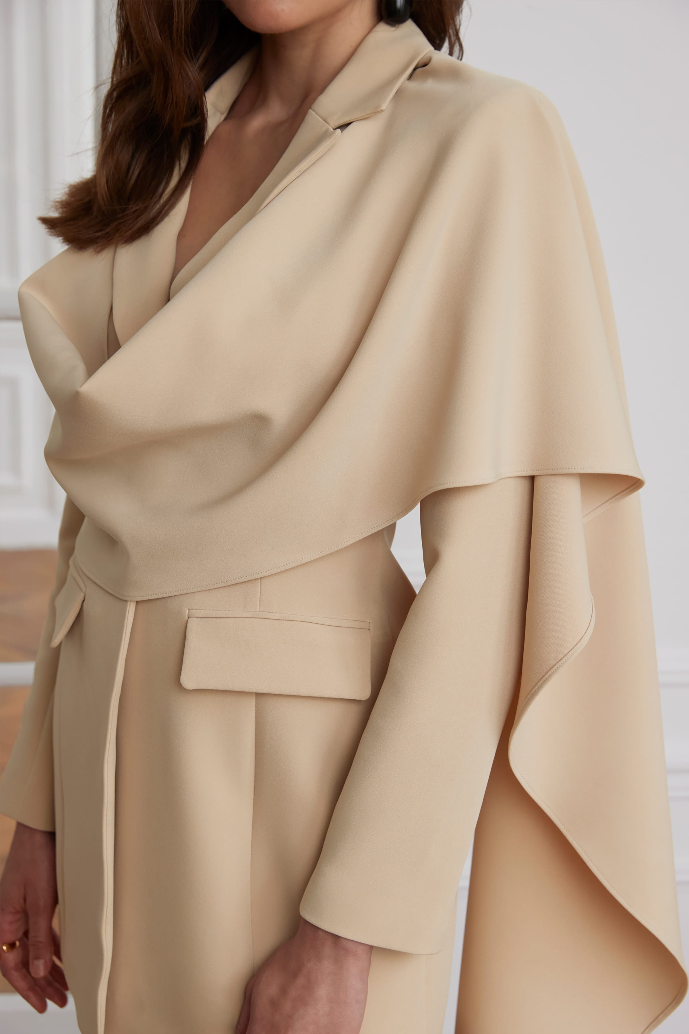 MIREILLE Cape Scarf Blazer Mini Dress In Sand