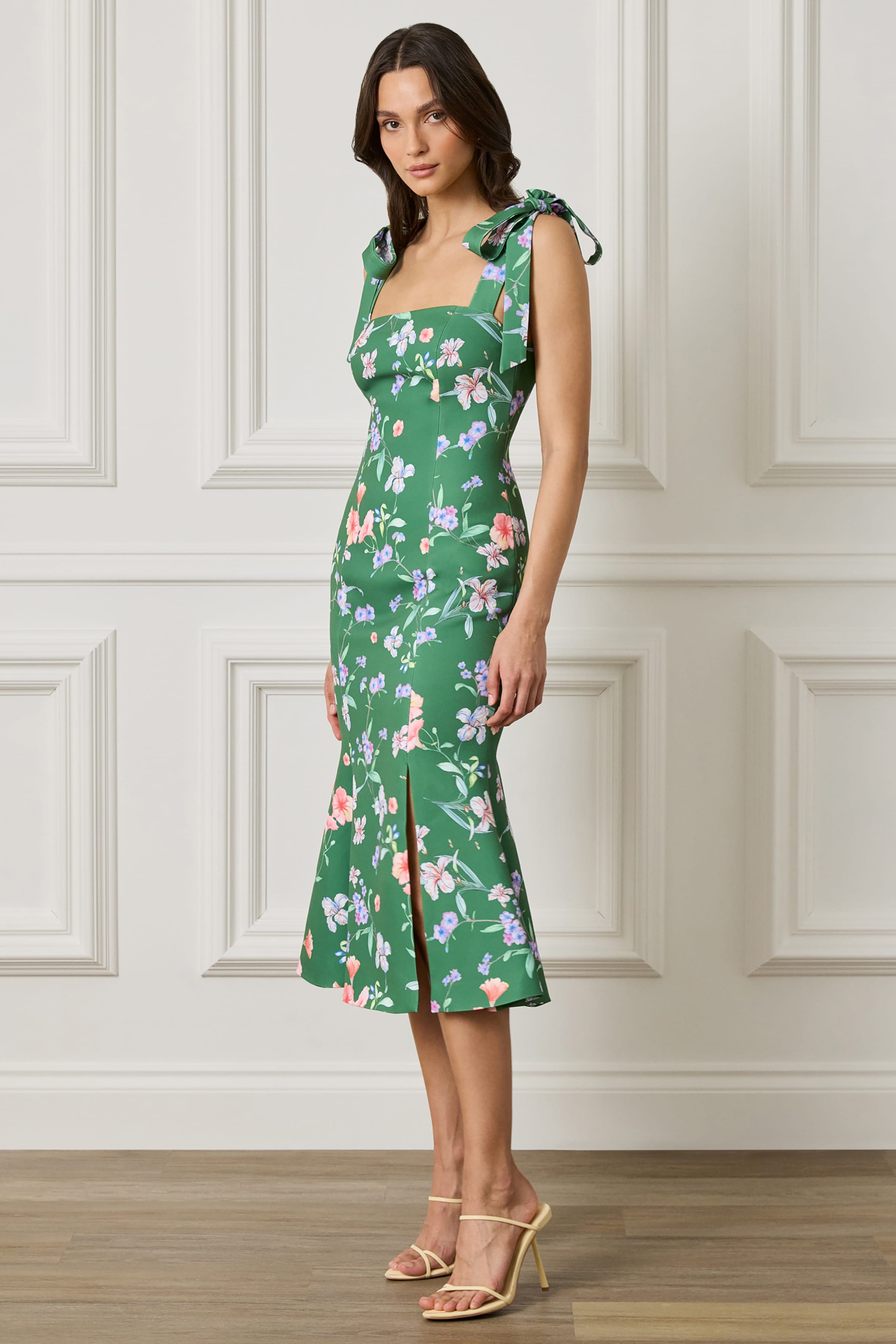 AMABELLA Tie Shoulder Fishtail Midi Dress in Green Floral Print