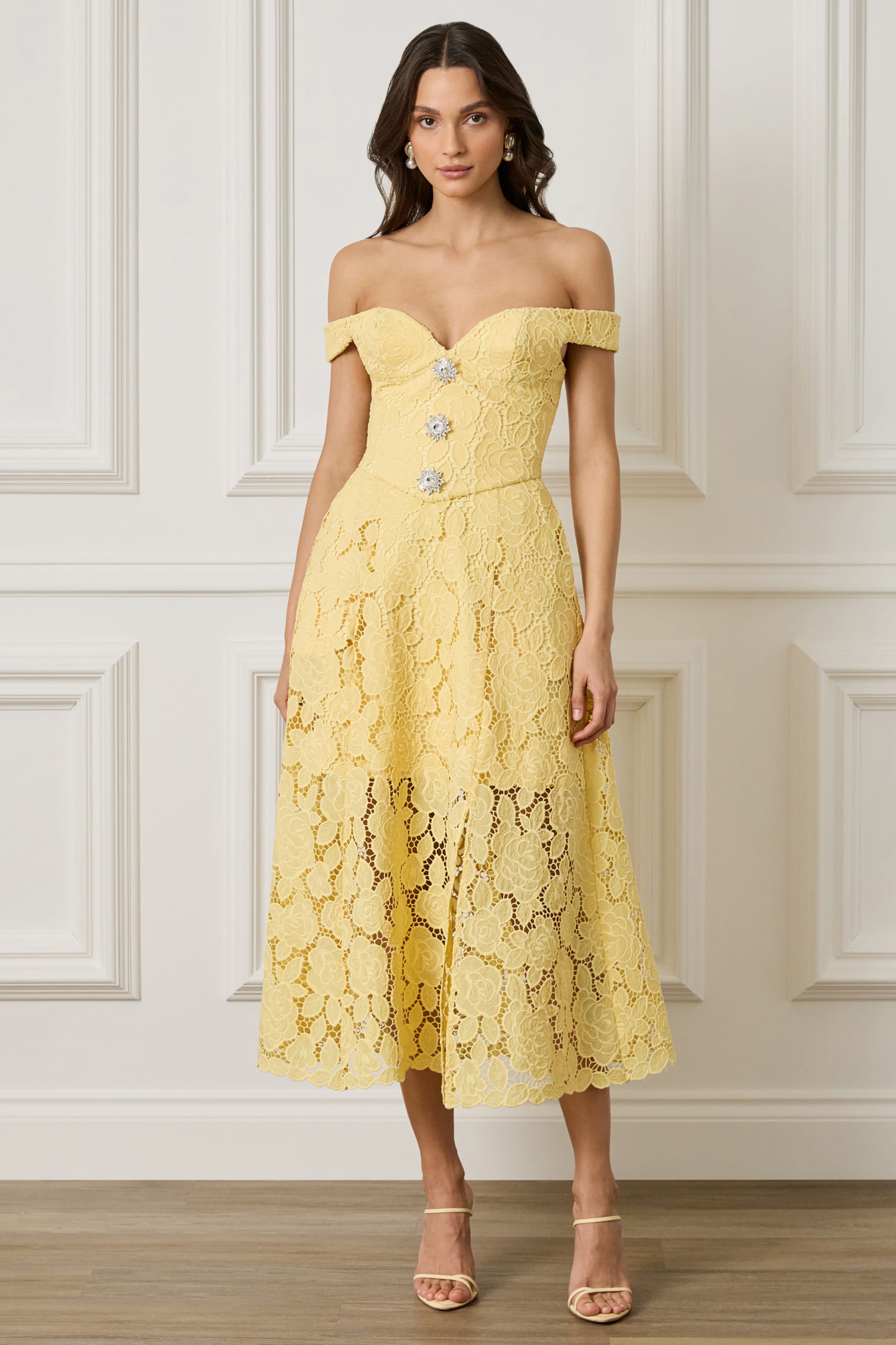 OLIVIA Broderie Anglais Off Shoulder Midi Sundress In Yellow