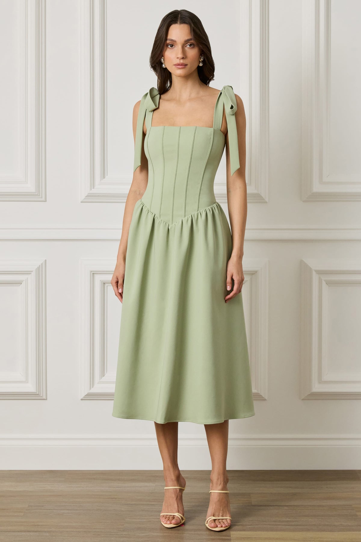 BLOSSOM Square Neck Midi Dress in Green
