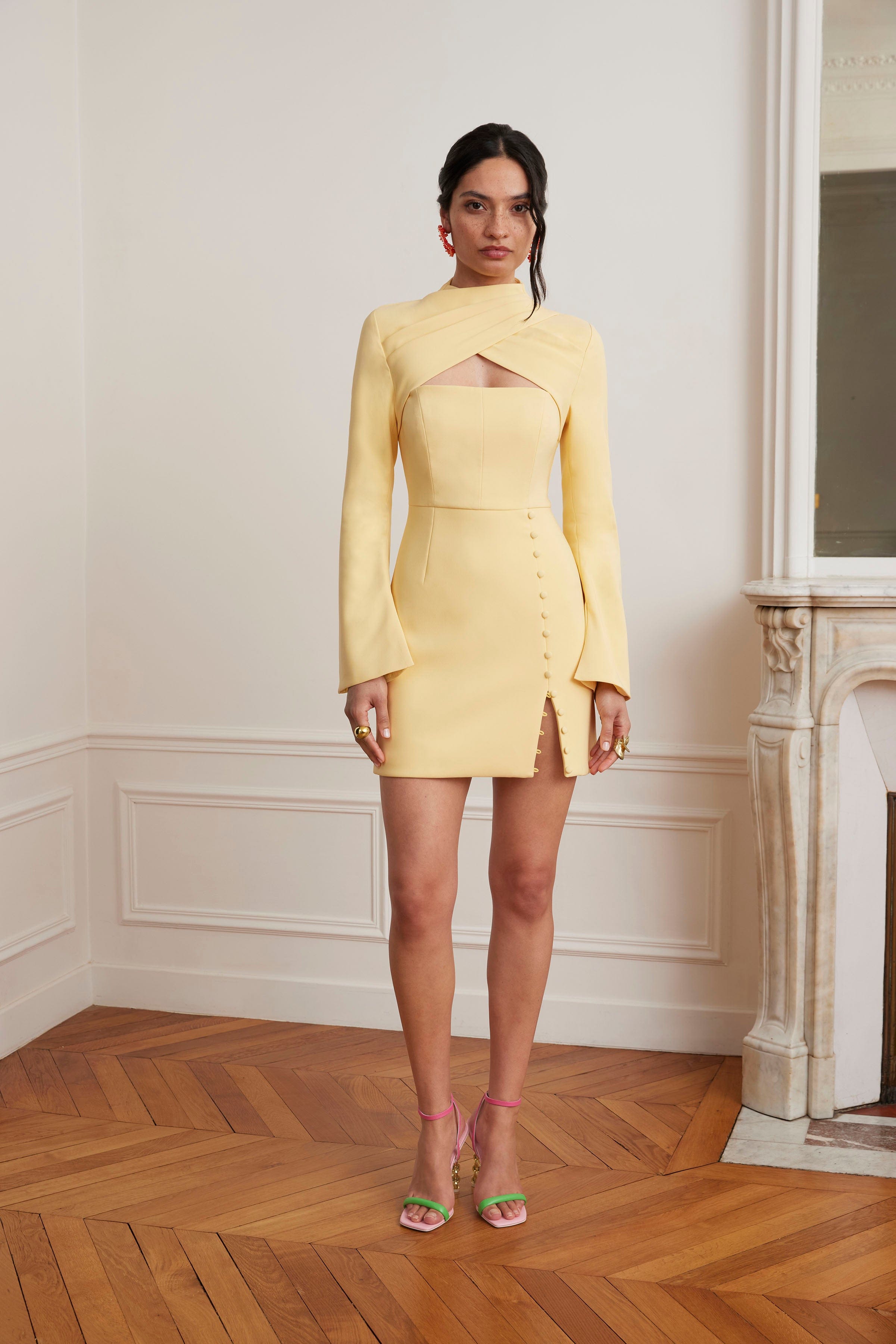 FIONA High Neck Tulip Mini Dress In Yellow