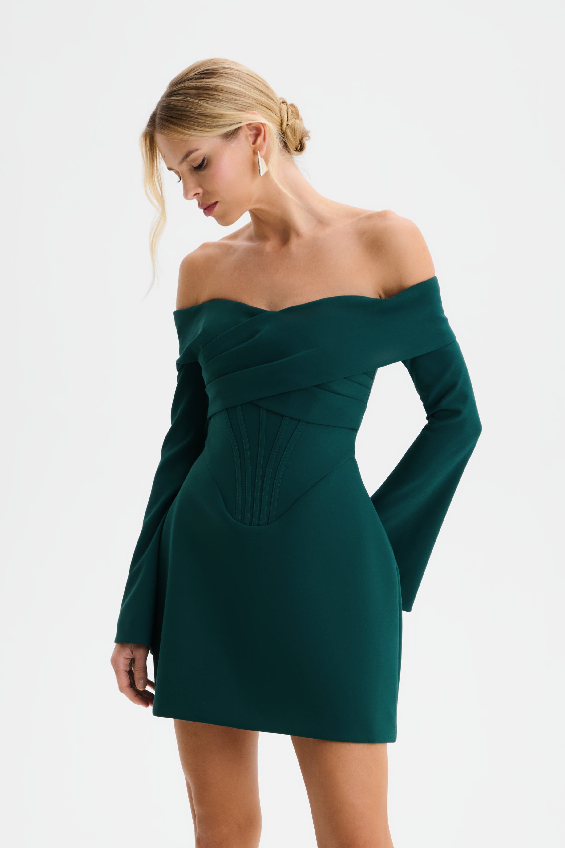 BONNIE Bardot Mini Dress in Emerald