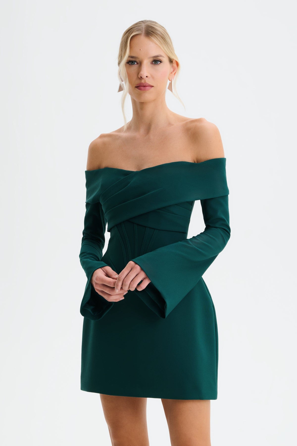 BONNIE Bardot Mini Dress in Emerald