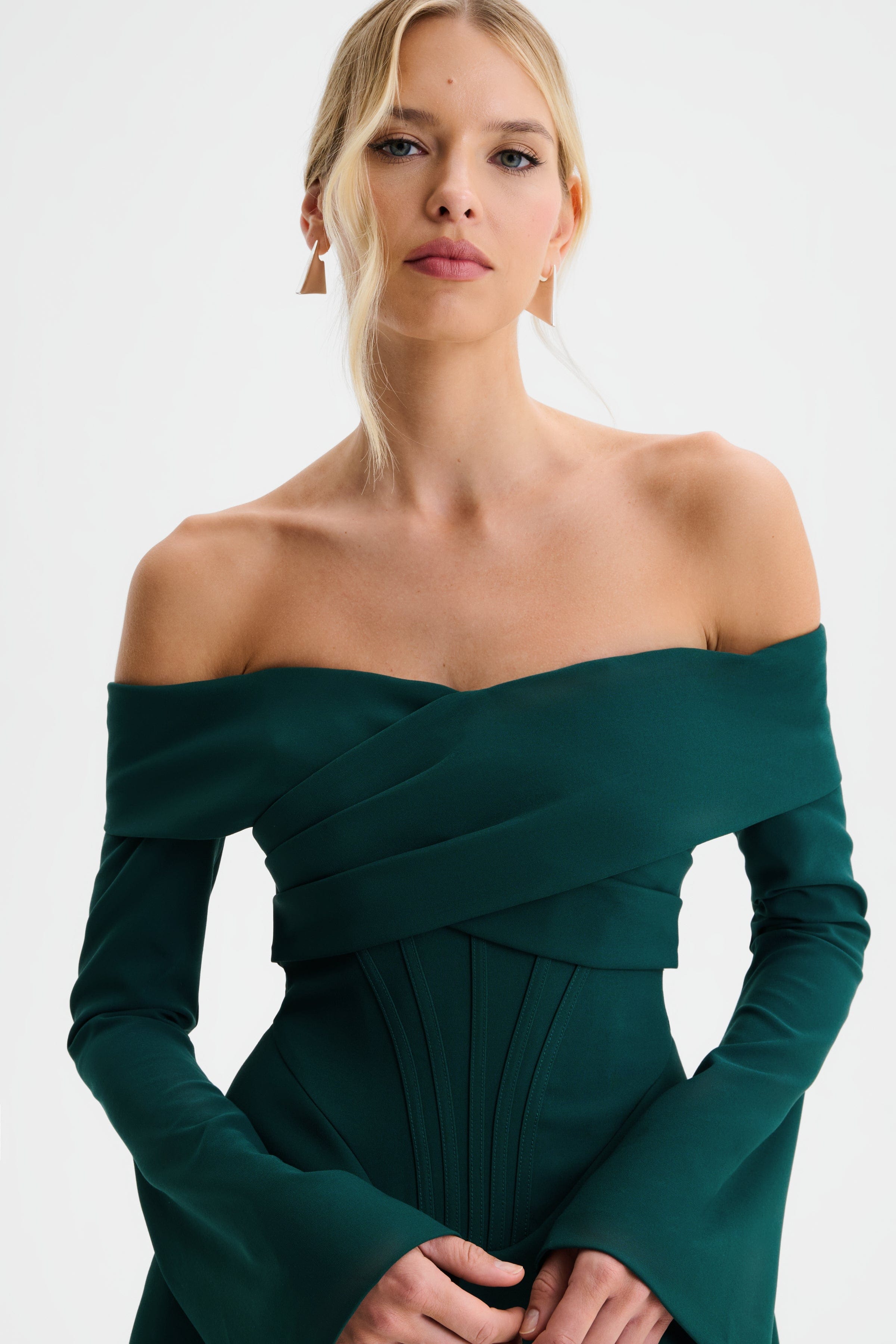 BONNIE Bardot Mini Dress in Emerald