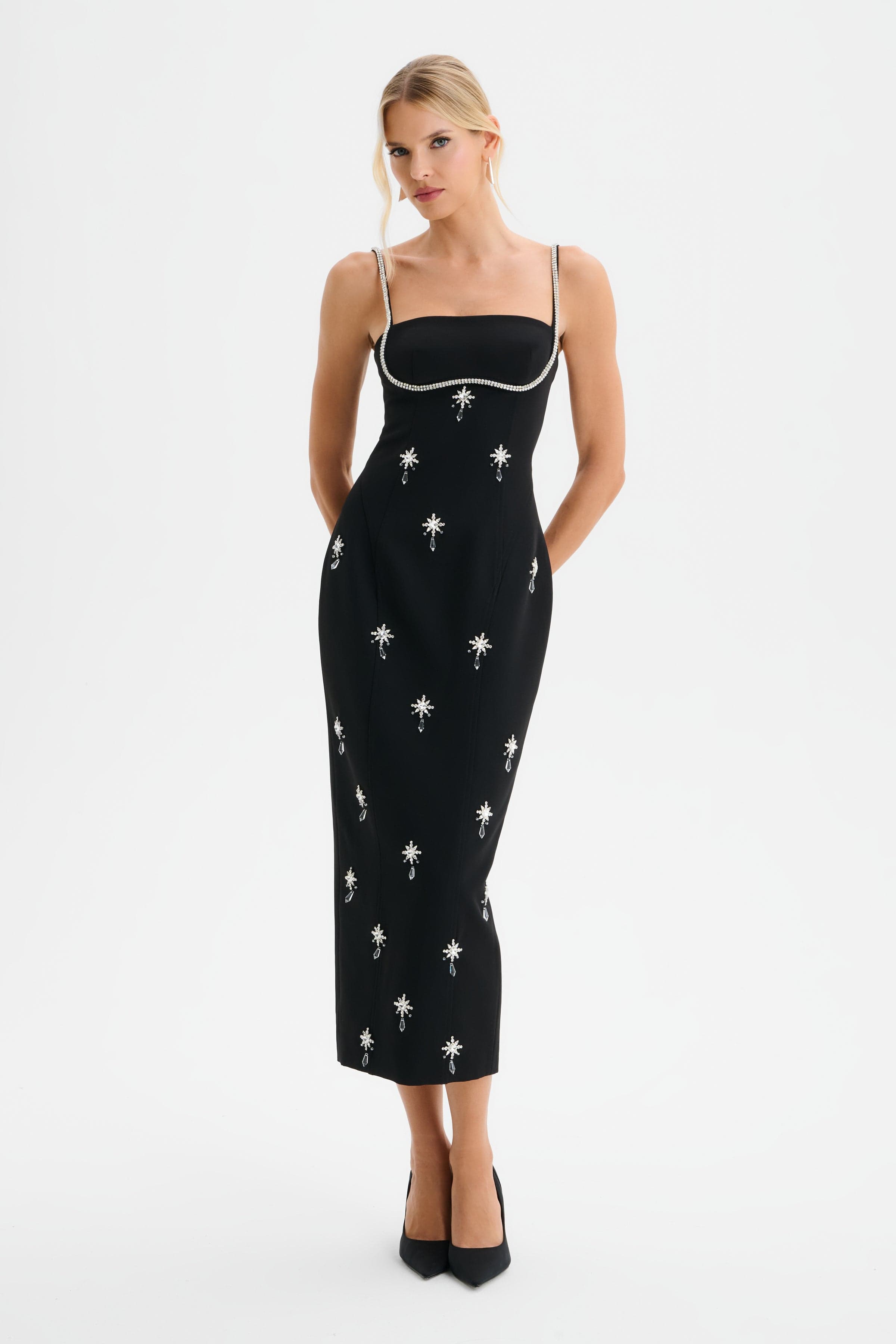 DAISY Embellished Midi Dress in Black