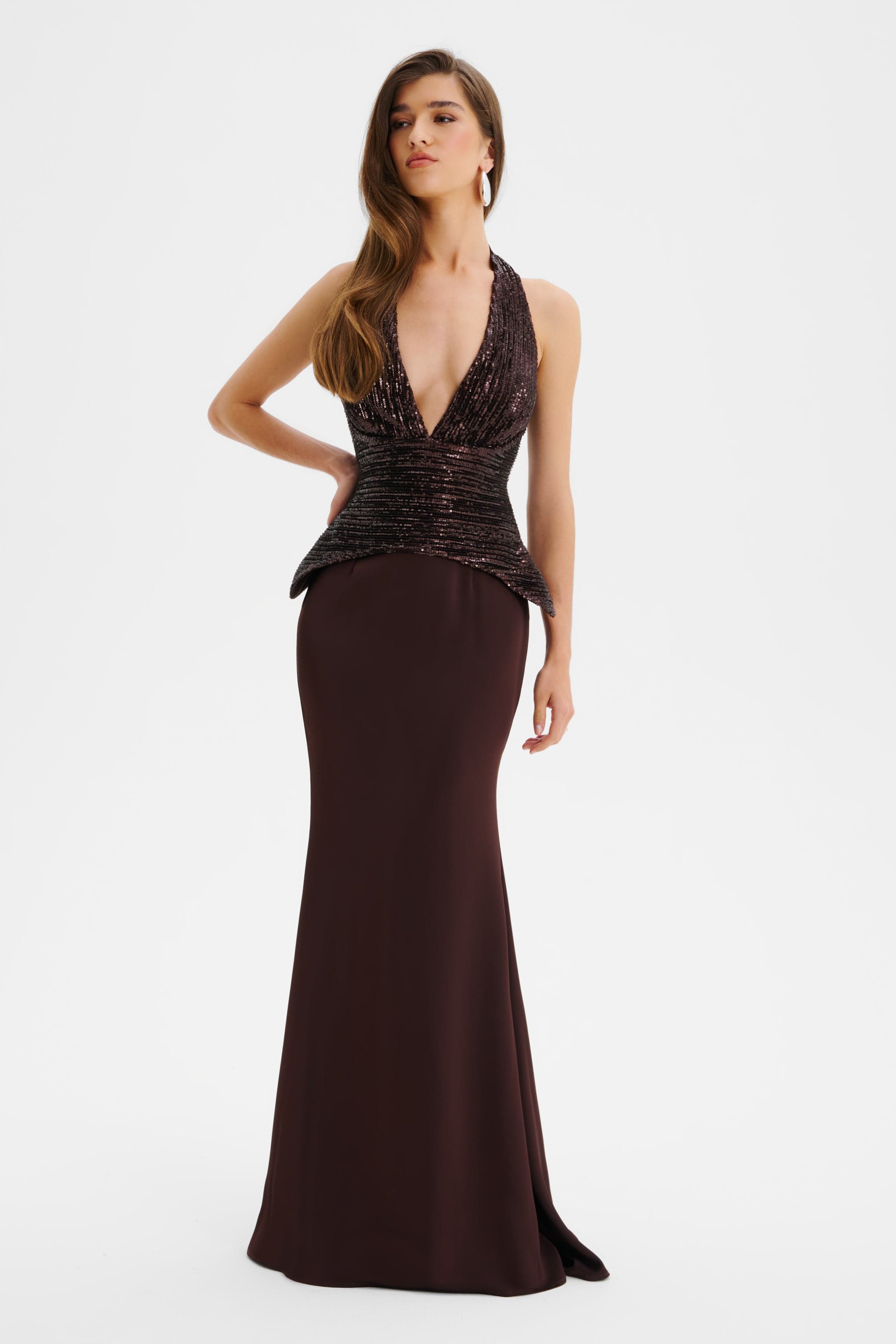 LUCIENNE Sequin Maxi Dress in Brown