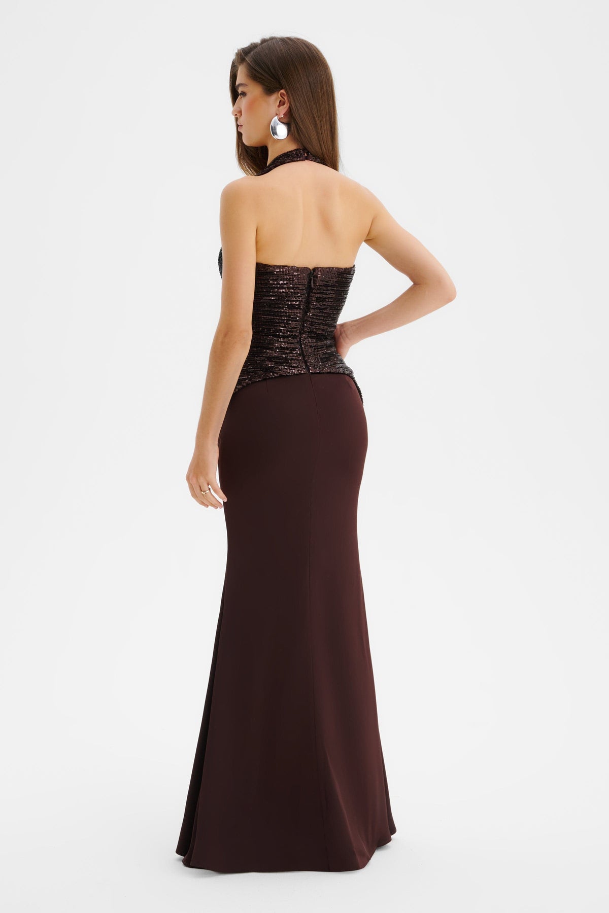 LUCIENNE Sequin Maxi Dress in Brown