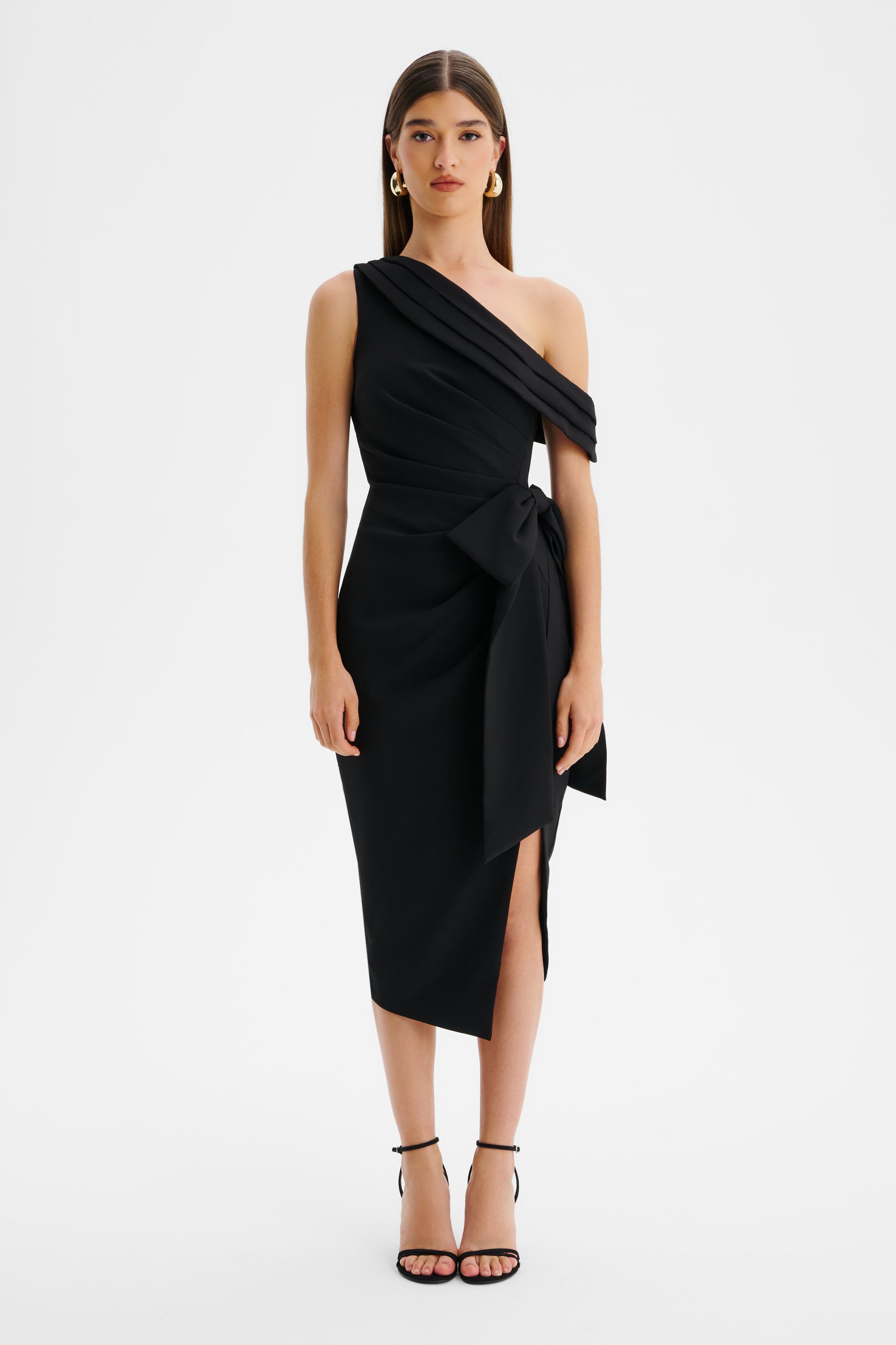 HONEY Asymmetric Midi Dress in Black