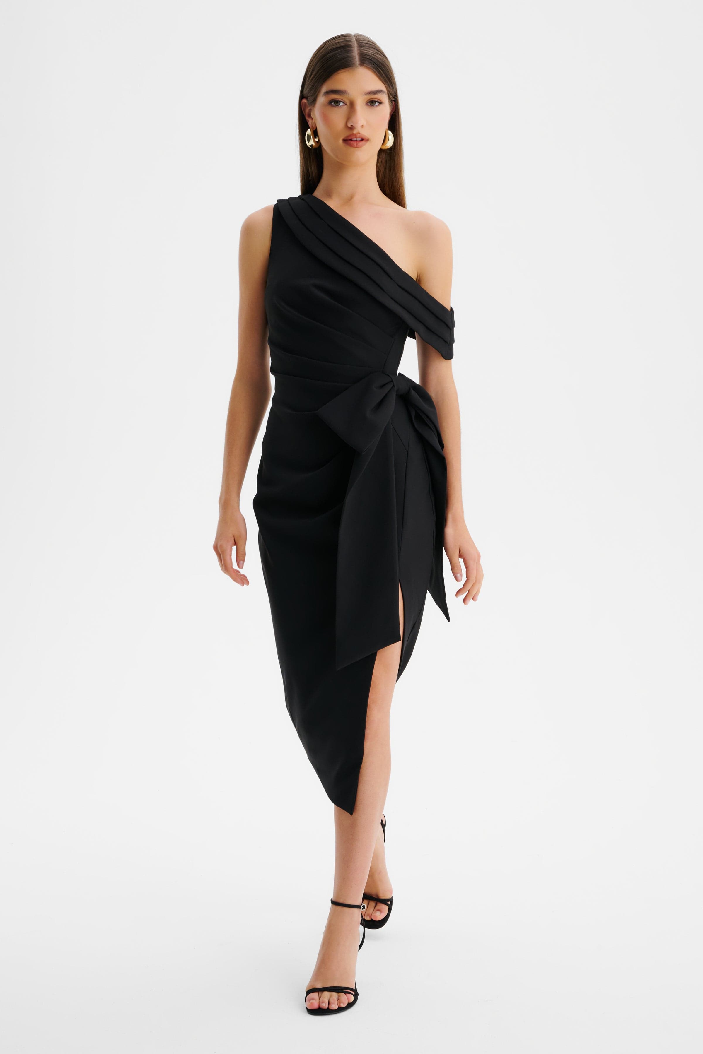 HONEY Asymmetric Midi Dress in Black