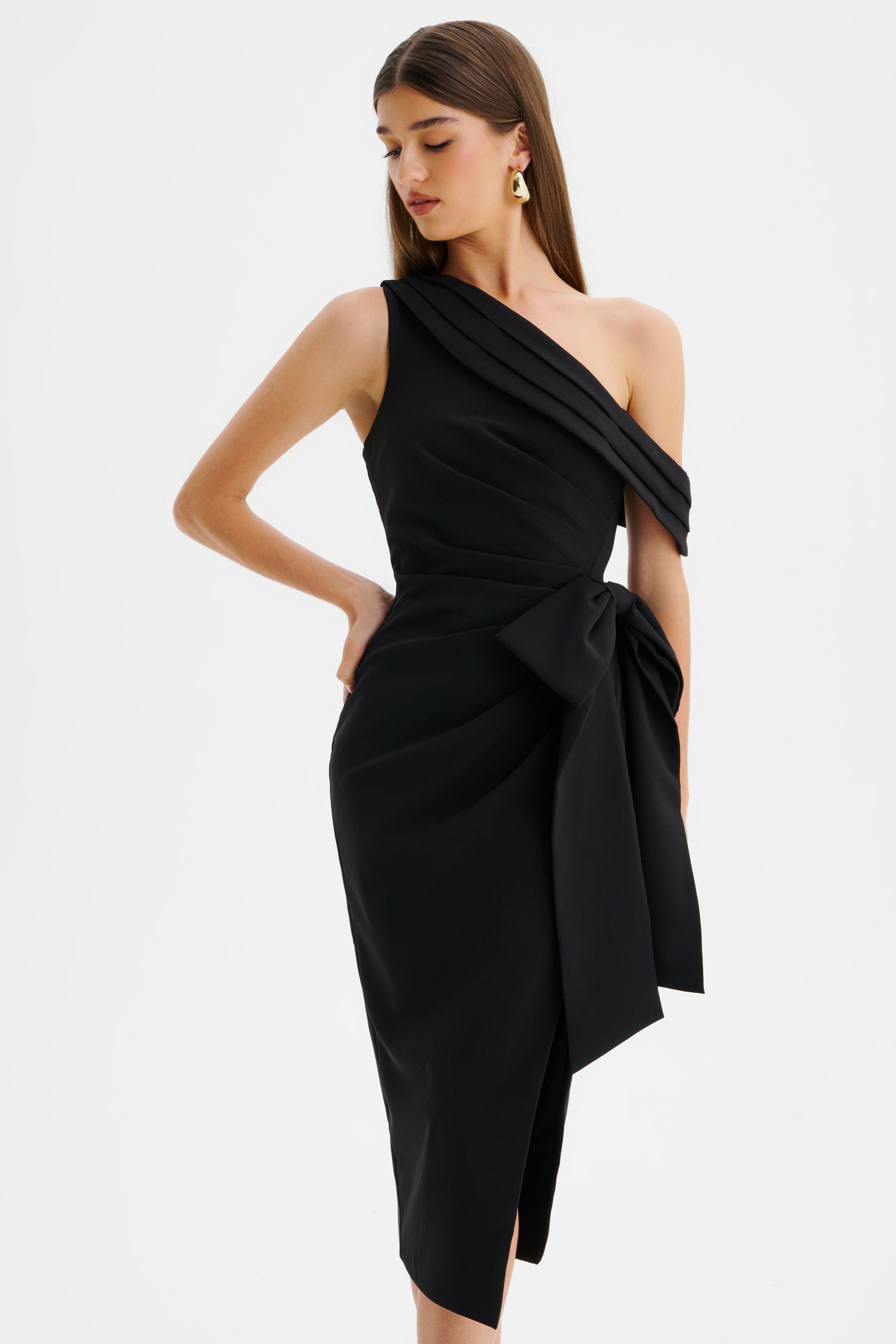 HONEY Asymmetric Midi Dress in Black