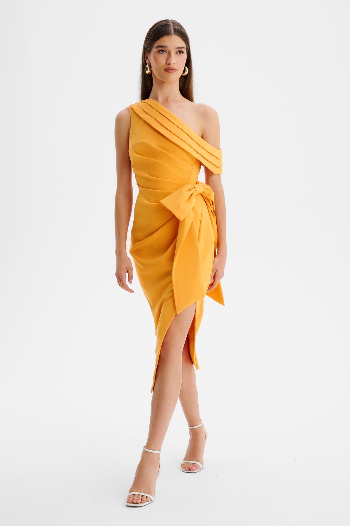 HONEY Asymmetric Midi Dress in Orange