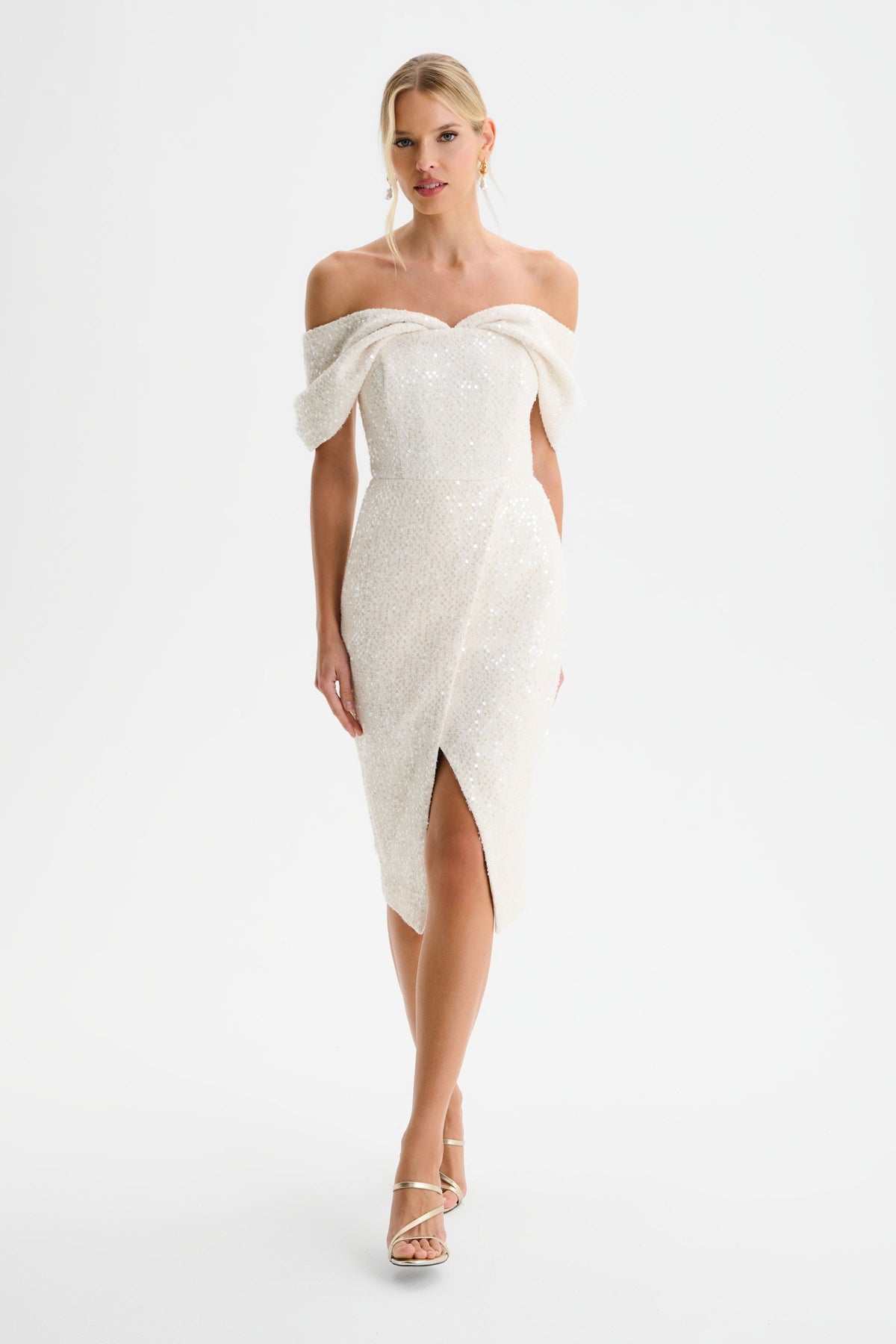 HARLEEN Draped Bardot Sequin Boucle Midi Dress in Beige