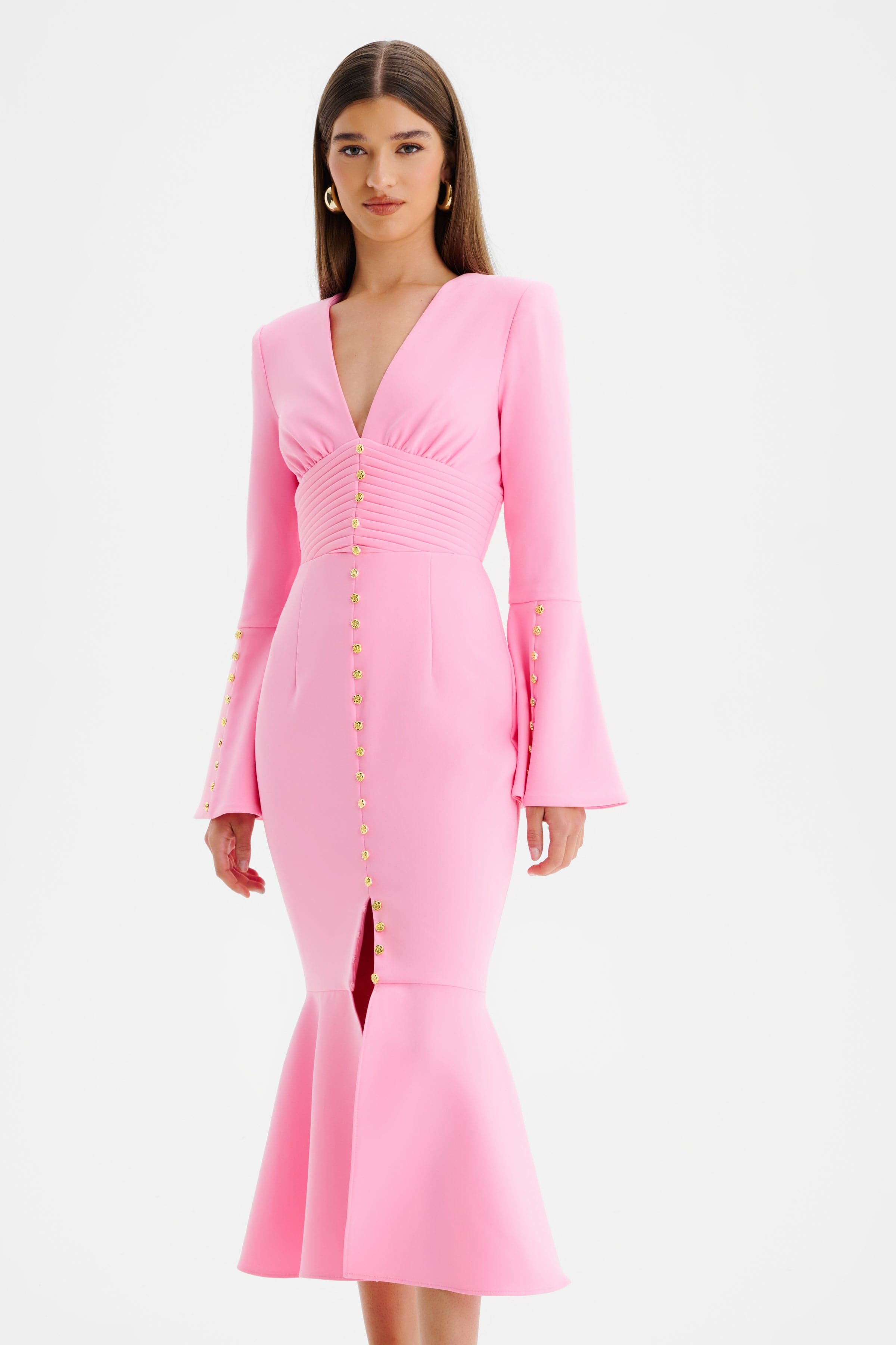 SALMA Fluted Sleeve Micro Rose Button Midi Dress in Pink