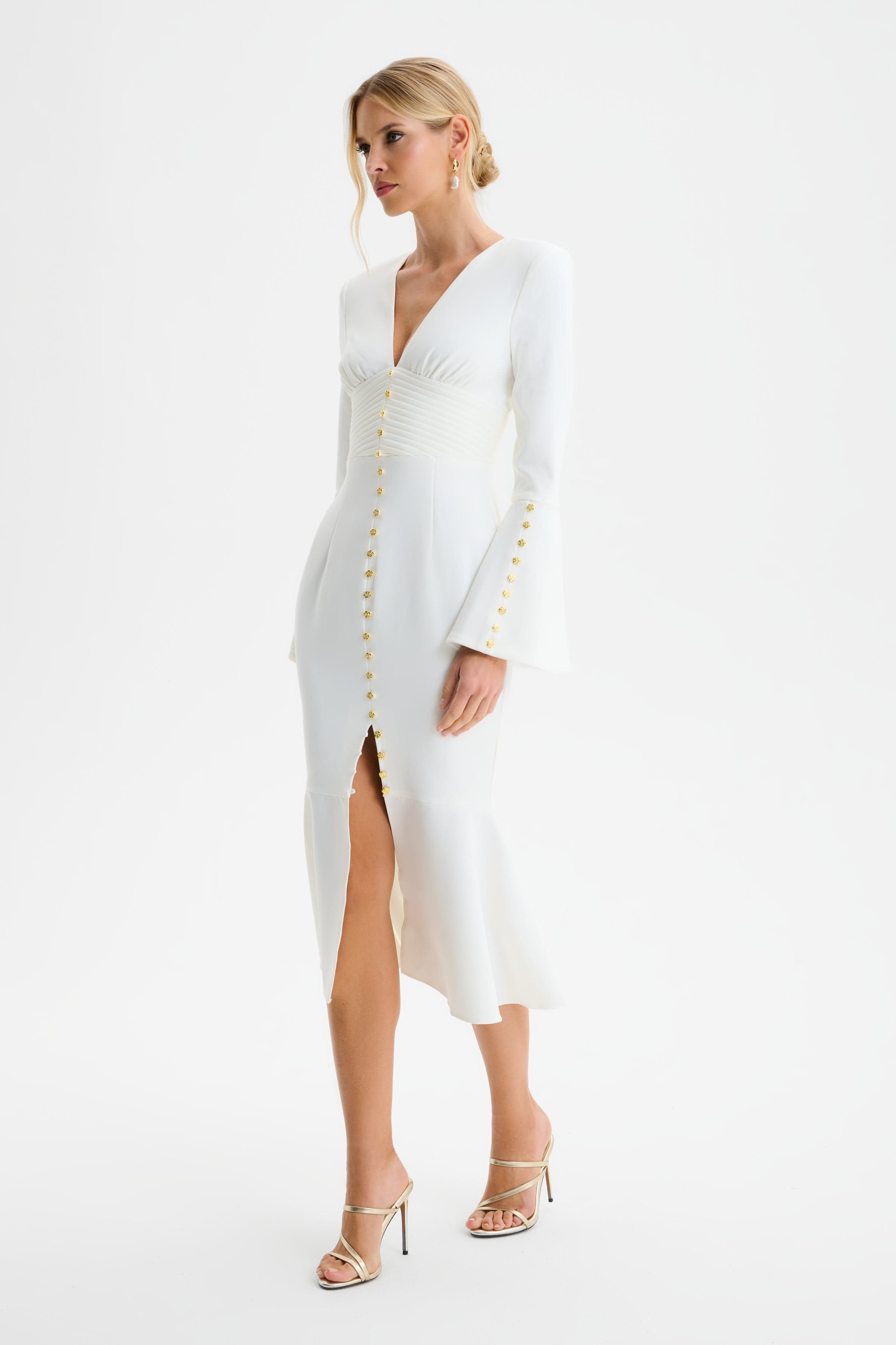 SALMA Fluted Sleeve Micro Rose Button Midi Dress in White