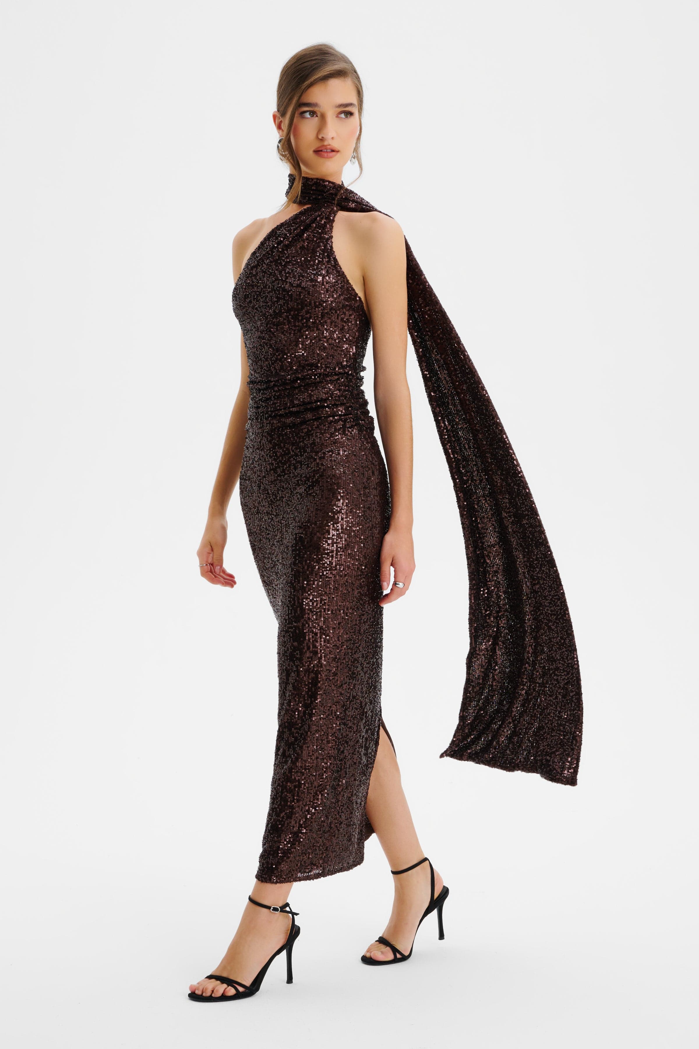 ALANNI Stretch Sequin Scarf Detail Midi Dress In Chocolate