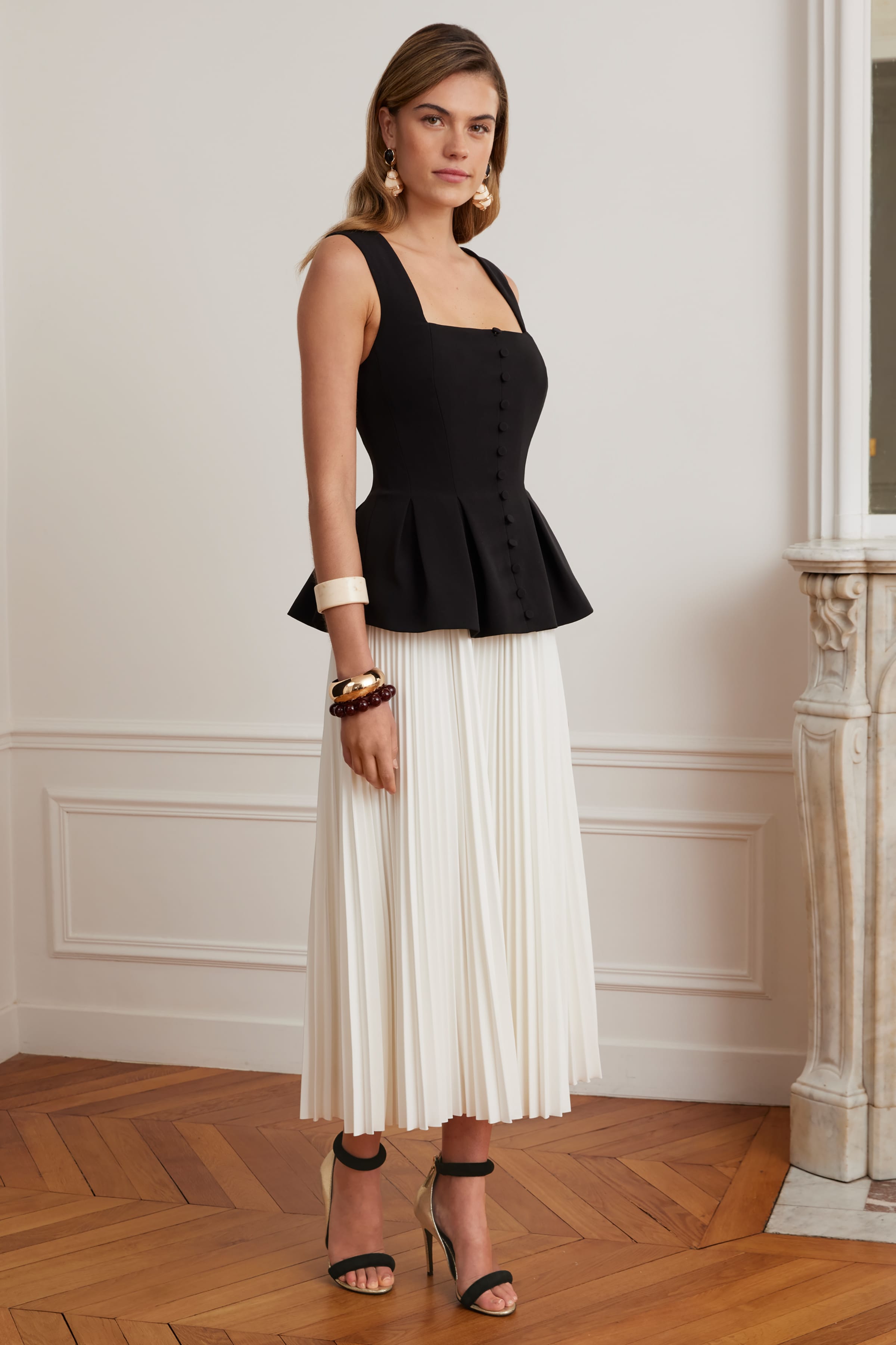 LANA Square Neck Peplum And Pleated Skirt Midi Dress In Black And White
