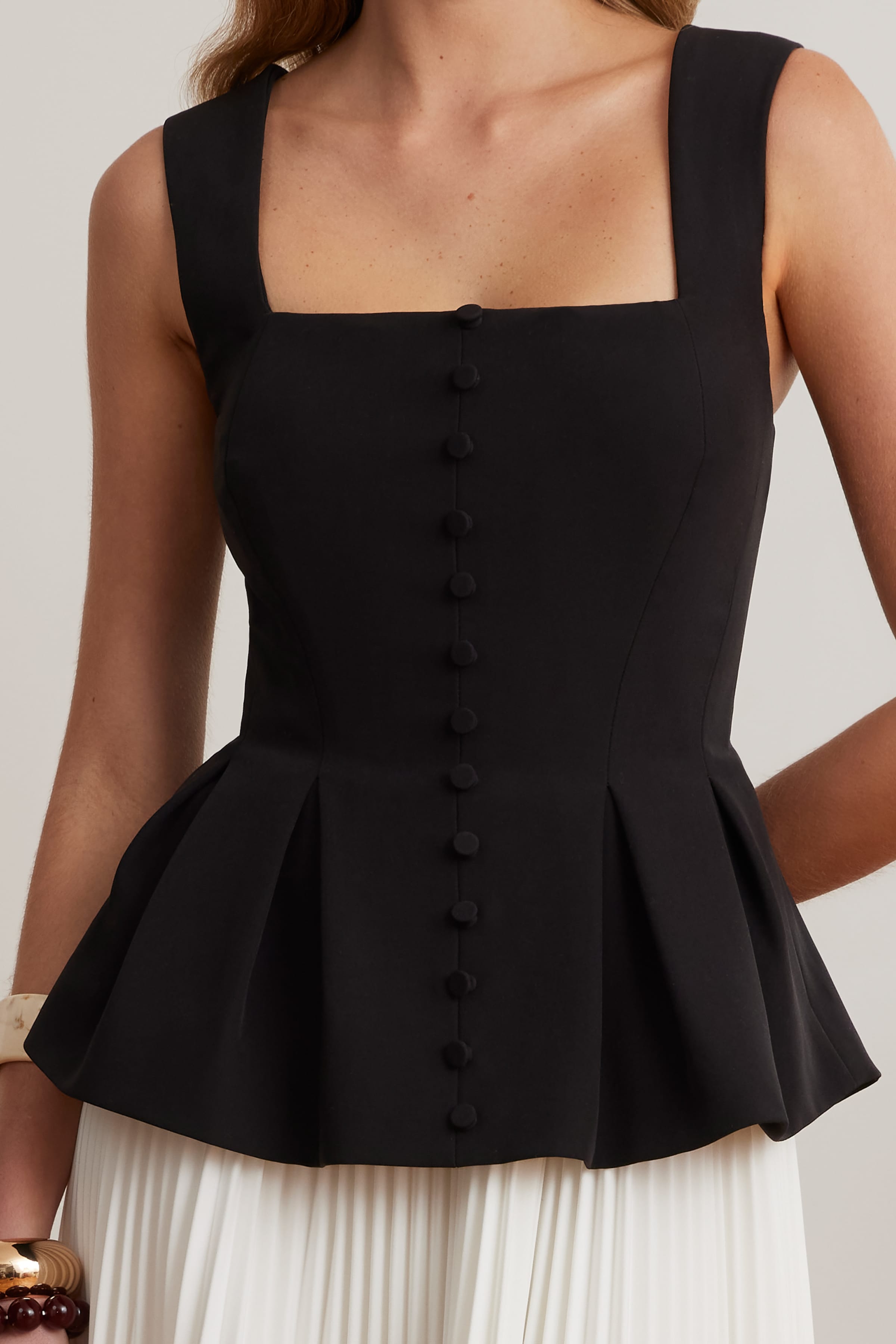 LANA Square Neck Peplum And Pleated Skirt Midi Dress In Black And White