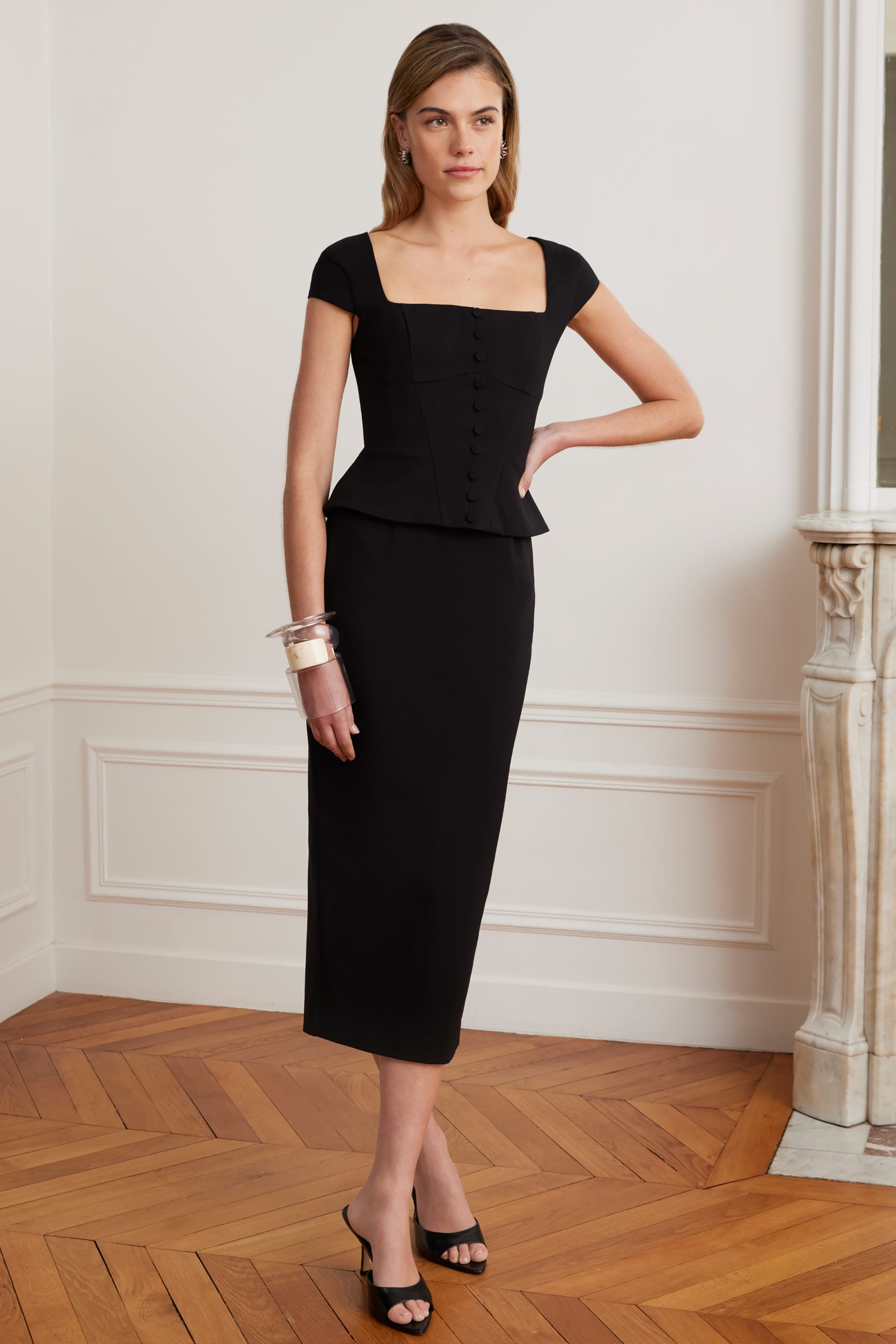 ELISA Corset Peplum Ponte Midi Dress In Black