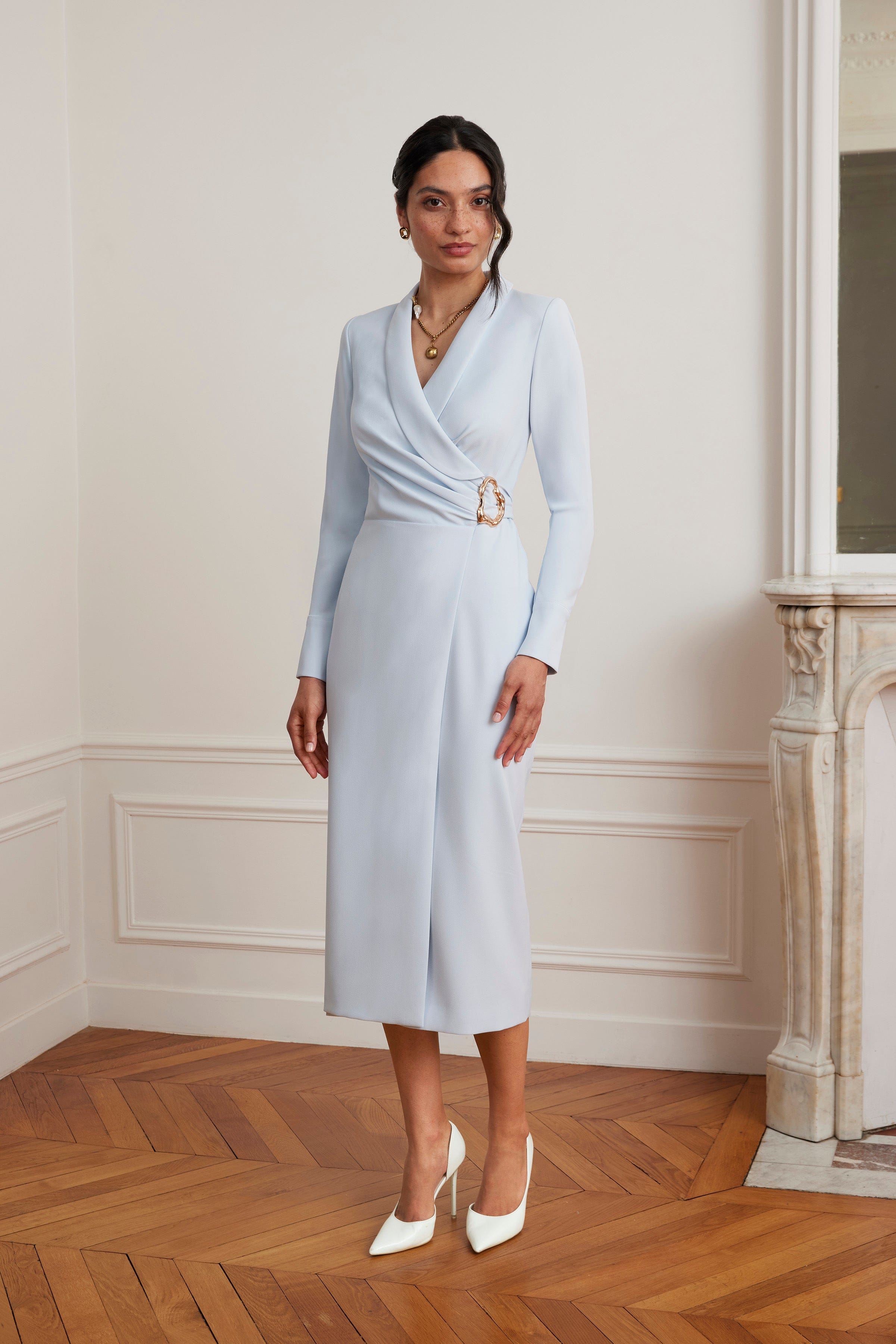 LILIANNE True Wrap Shirt Midi Dress With Gold Hardware In Powder Blue