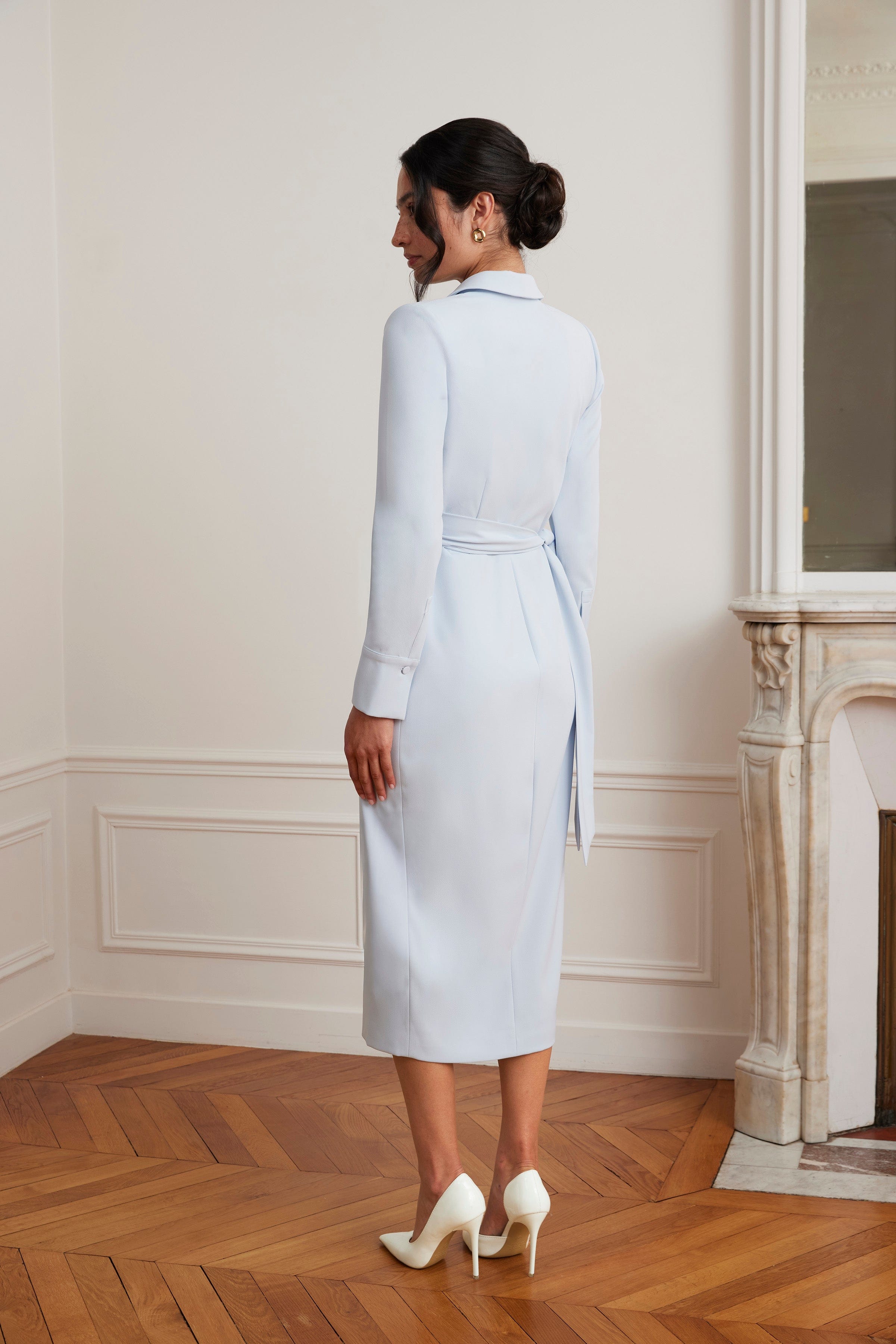 LILIANNE True Wrap Shirt Midi Dress With Gold Hardware In Powder Blue