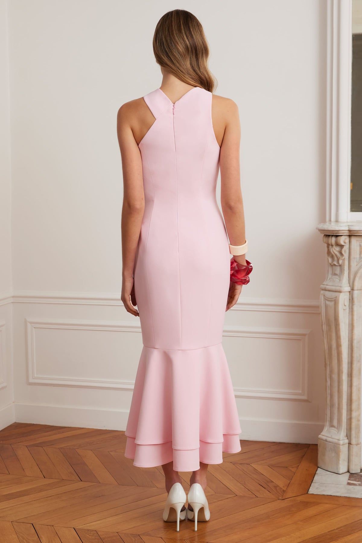 ALTHEA Halter Neck Midi Dress in Pink