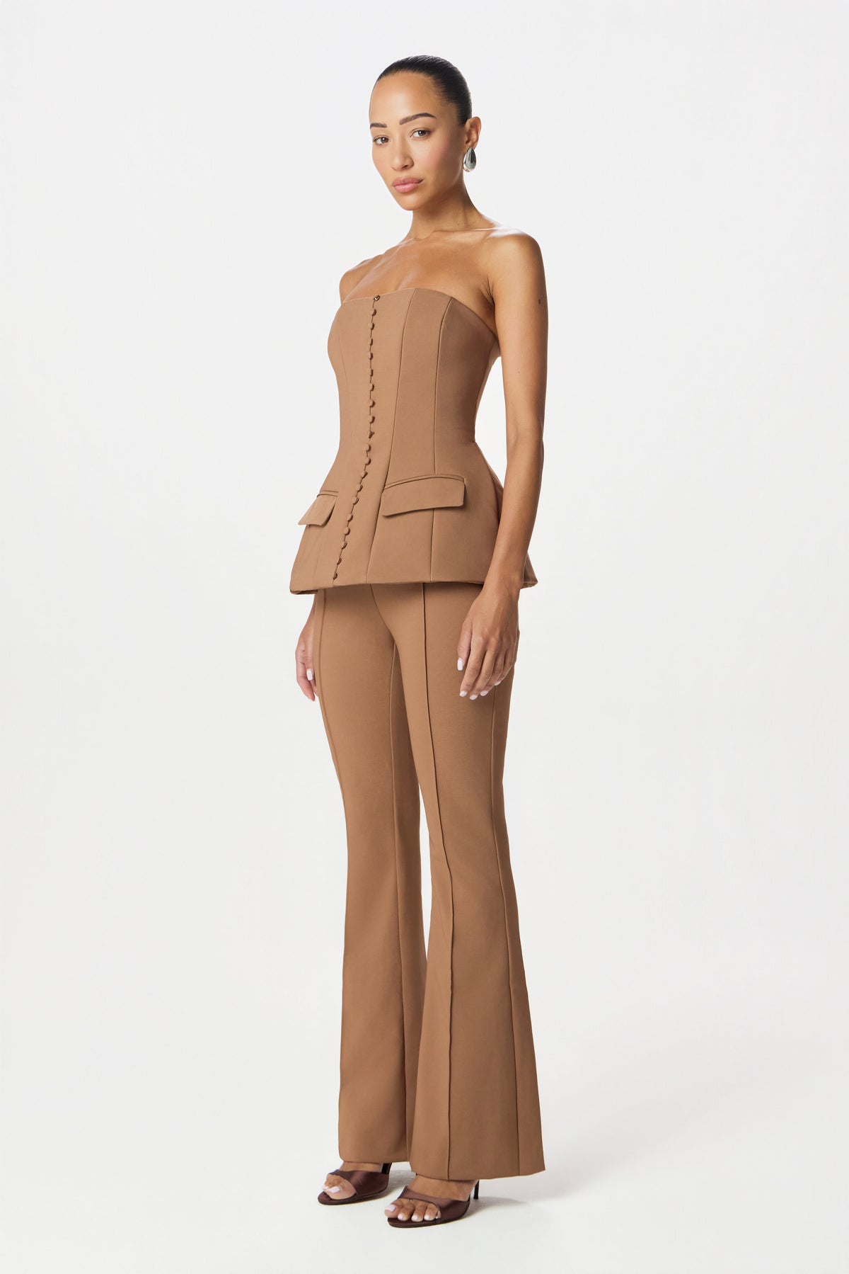 AMY Bandeau Flared Jumpsuit in Brown
