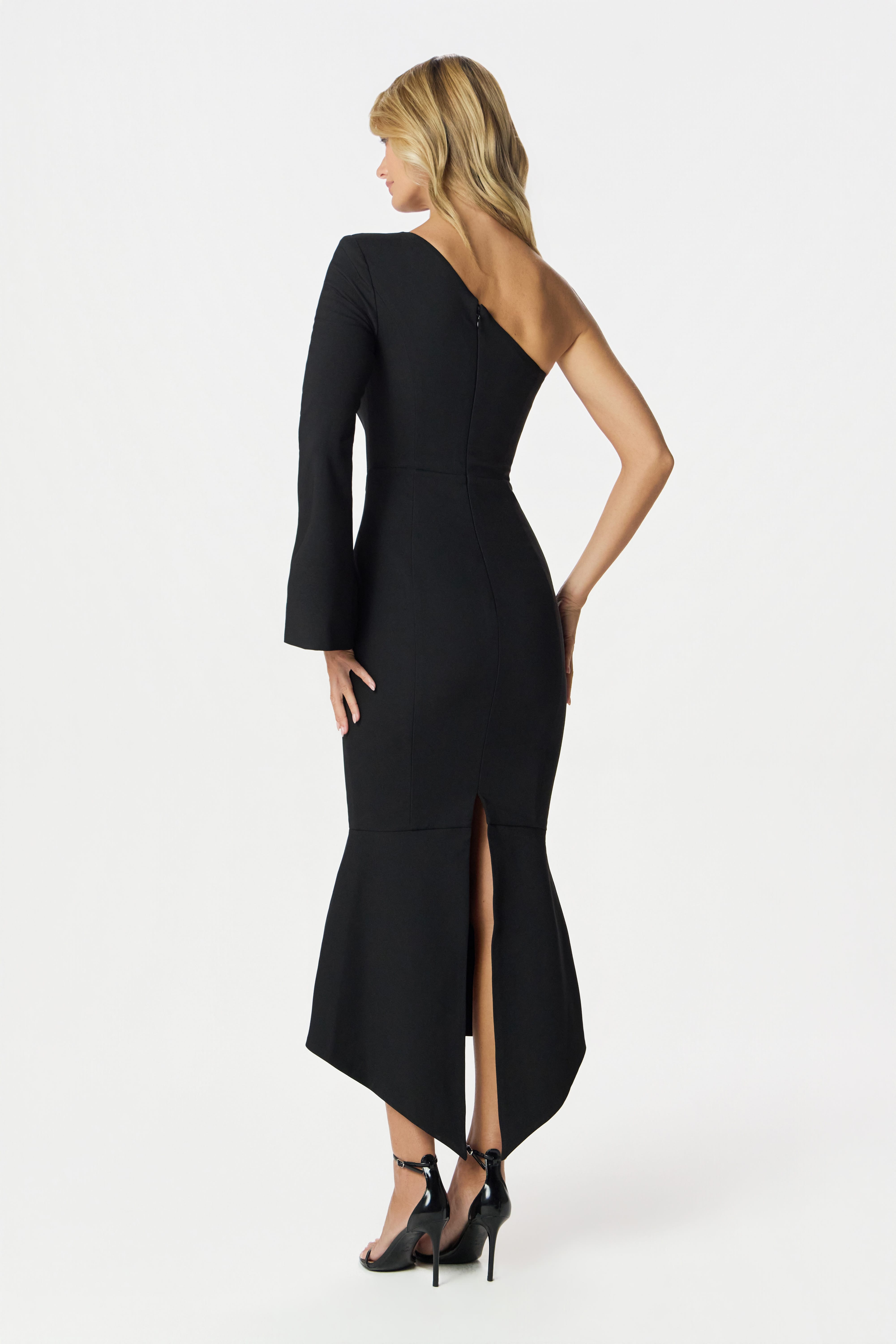 ARIANNA Asymmetric Midi Dress in Black