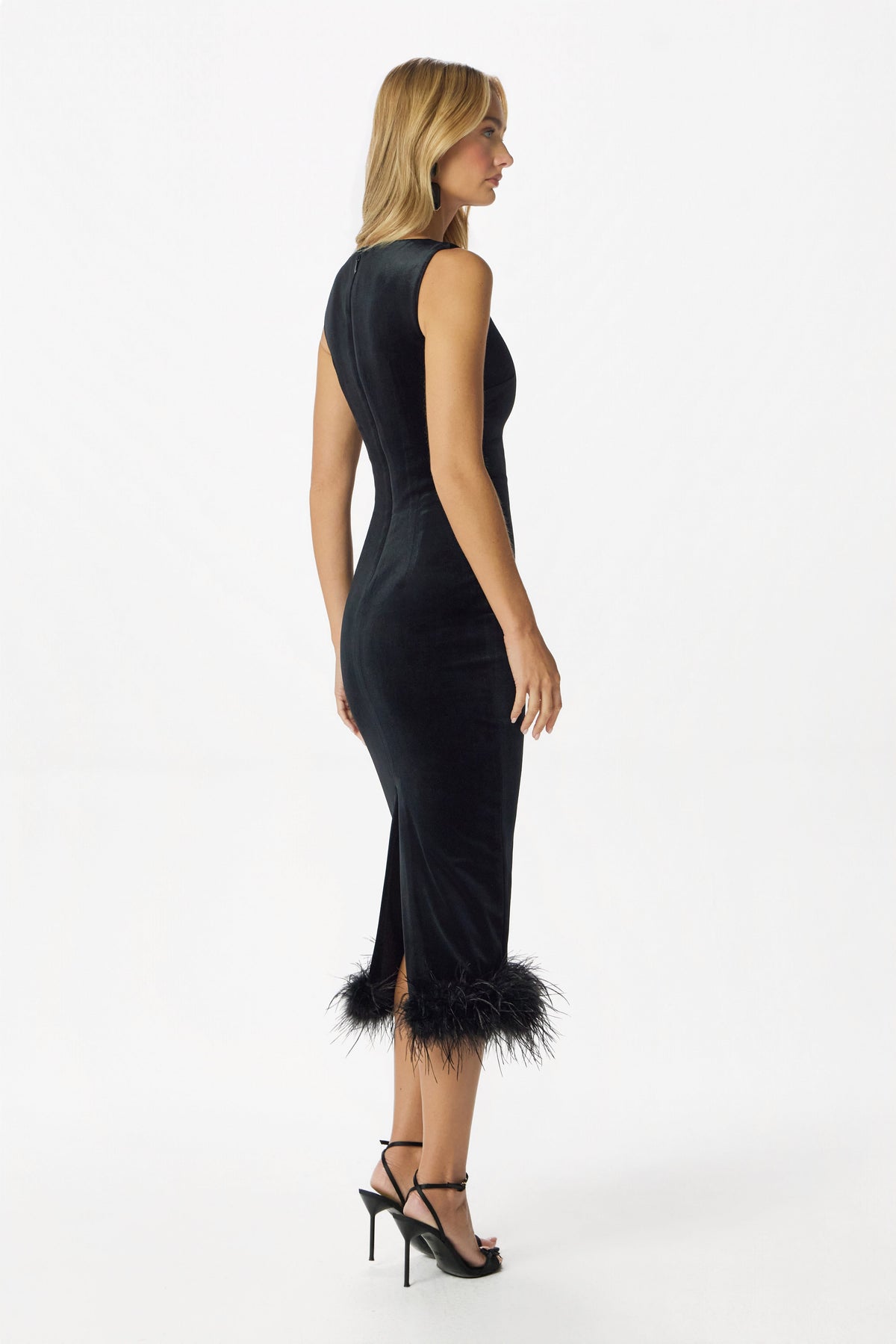 AYDA Velvet Feather Midi Dress in Black