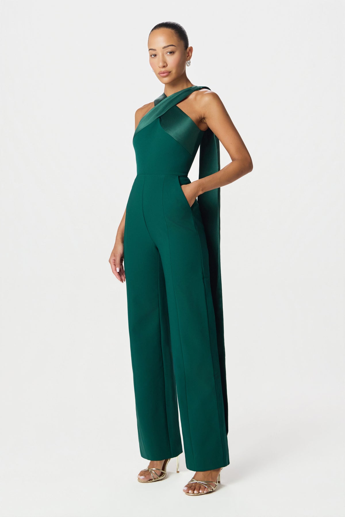 CHANTELLE Cross Neck Straight Leg Jumpsuit with Satin Drape in Emerald