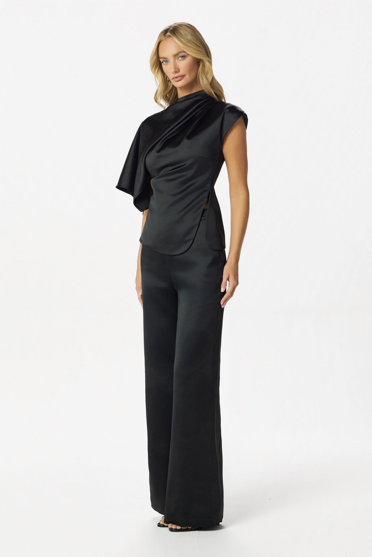 ELLIE Wide Leg Satin Trousers in Black