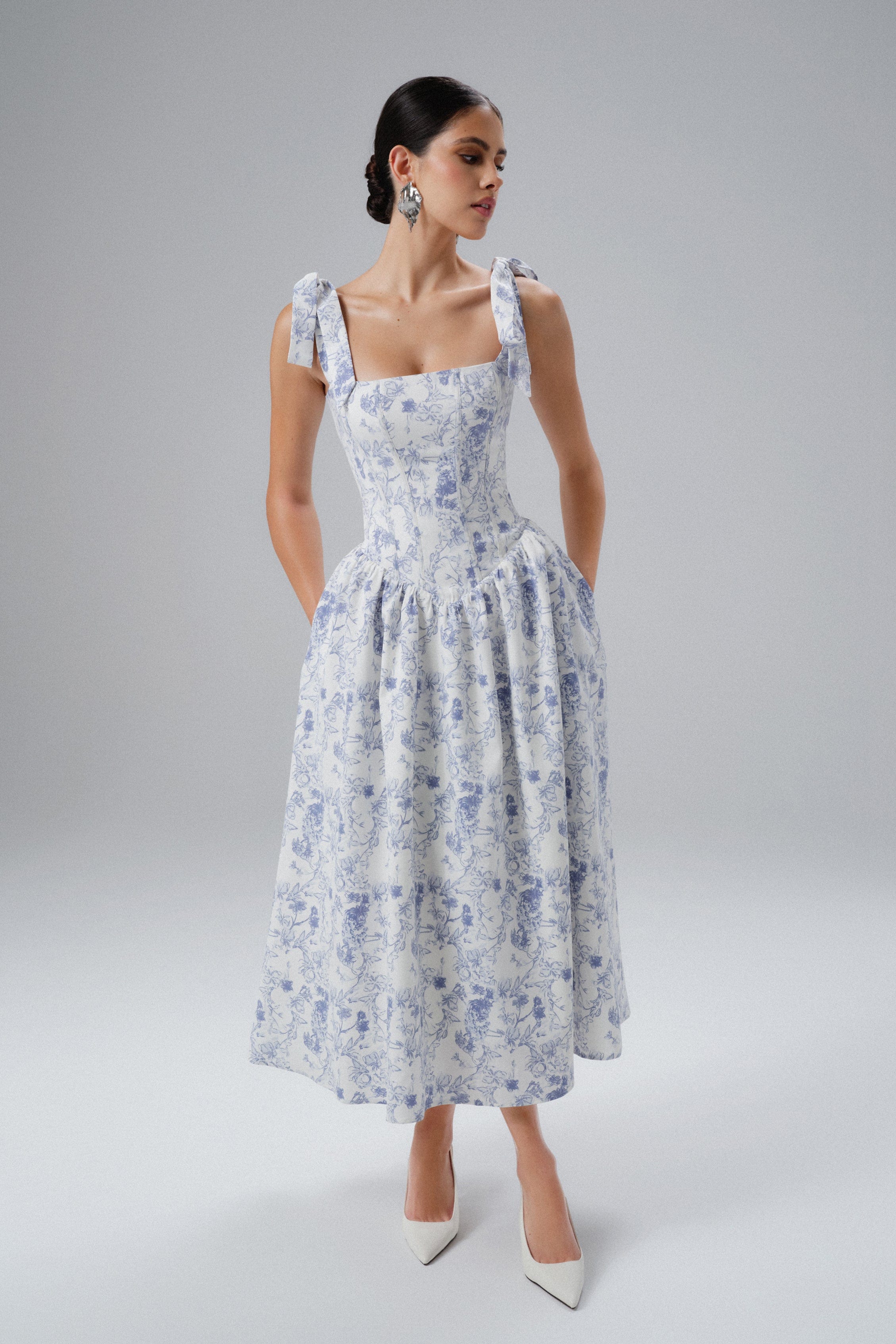 BLOSSOM Tie Shoulder Corset Midi Sundress In Blue Porcelain