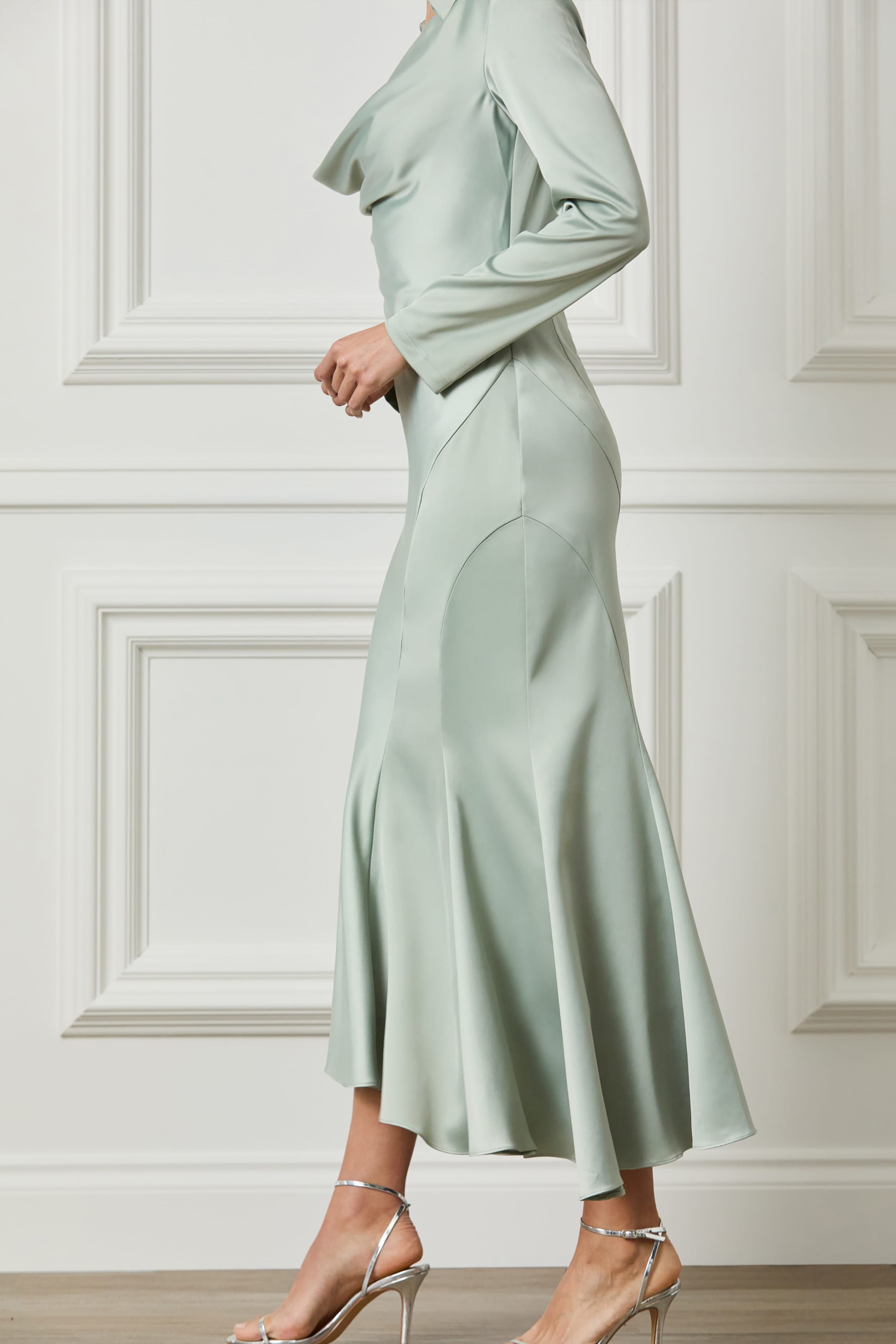 AURELIAH Satin Midi Dress in Sage
