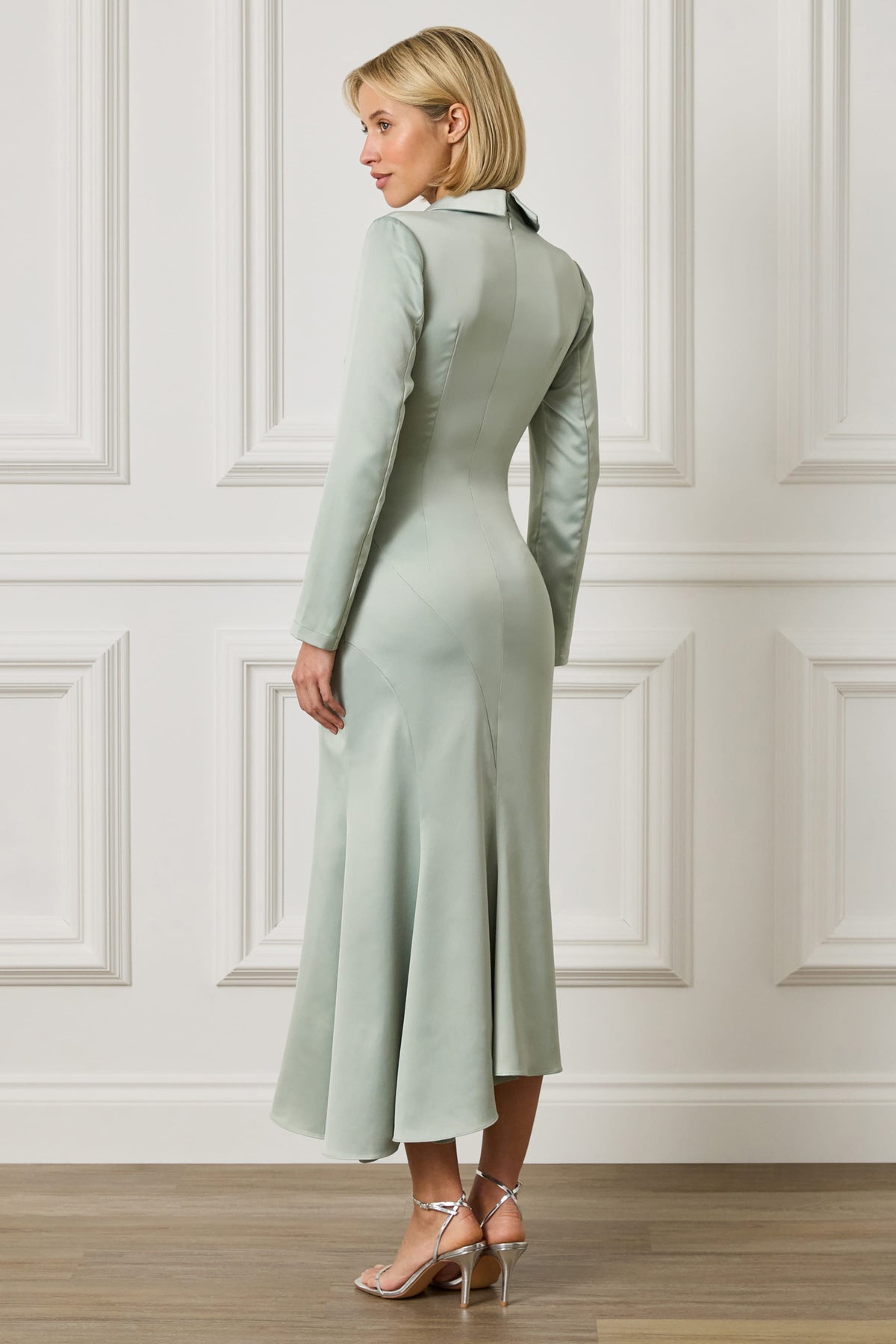 AURELIAH Satin Midi Dress in Sage