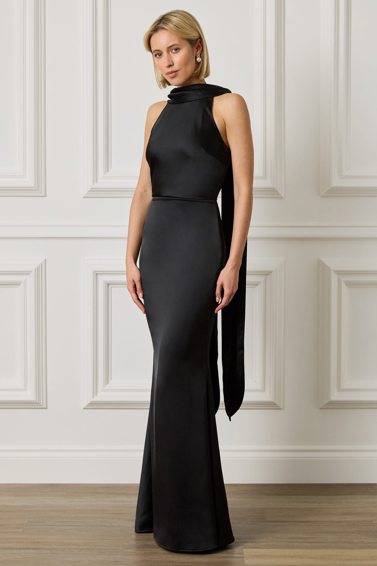 LIORA Satin Maxi Dress in Black
