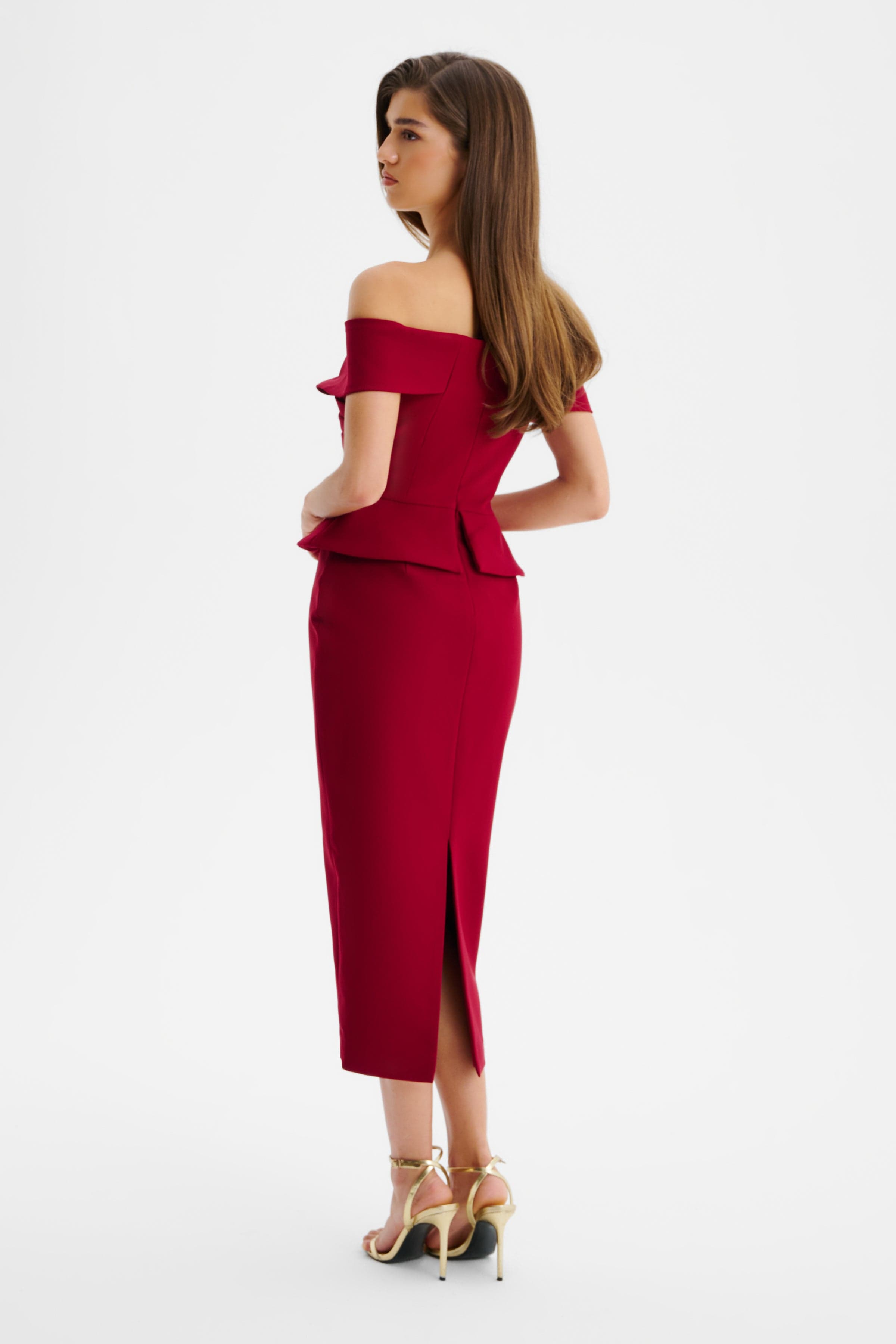 BETHANY Off Shoulder Midi Dress with Corsetry Detail in Burgundy