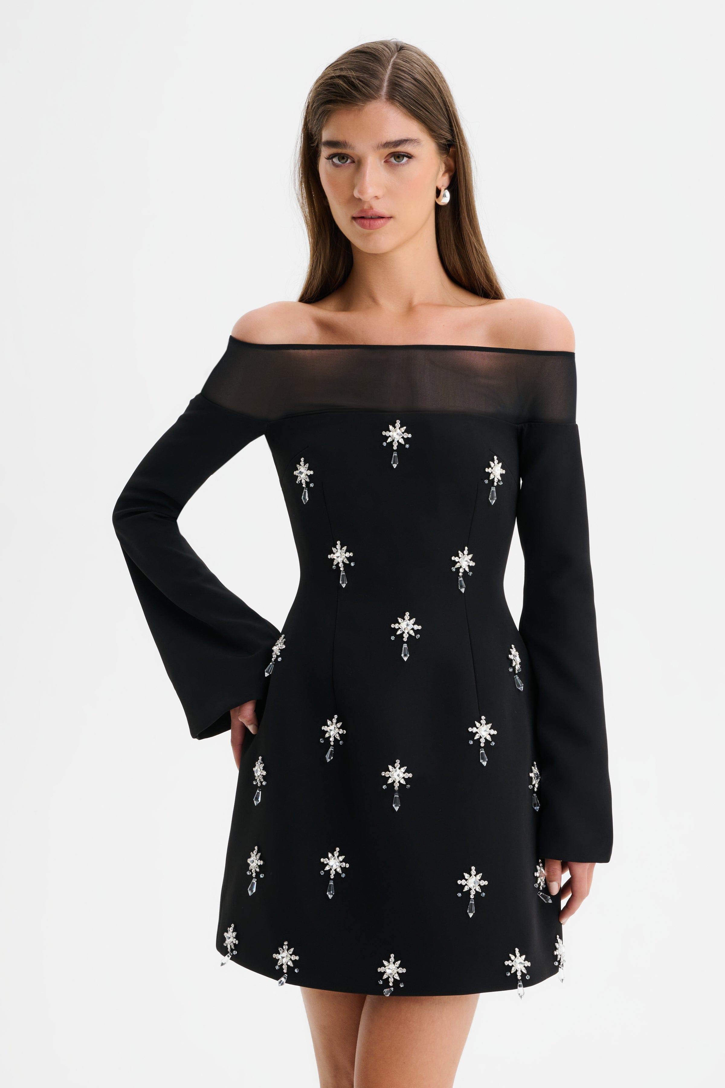 YASMIN Off Shoulder Embellished Tulip Dress with Sheer Detail in Black