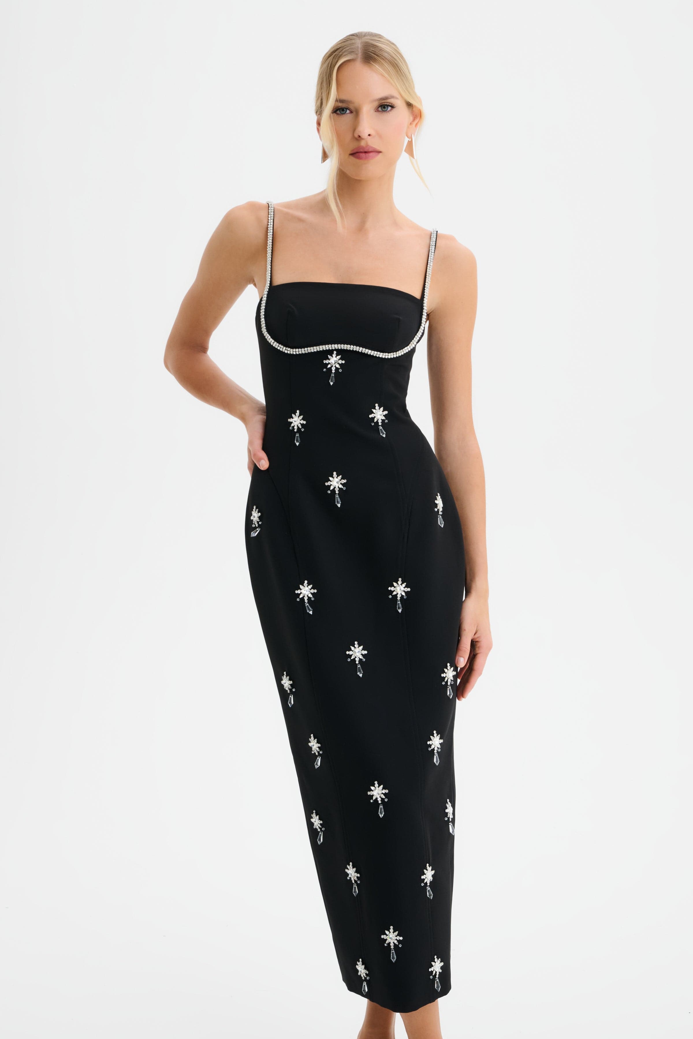 DAISY Embellished Midi Dress in Black