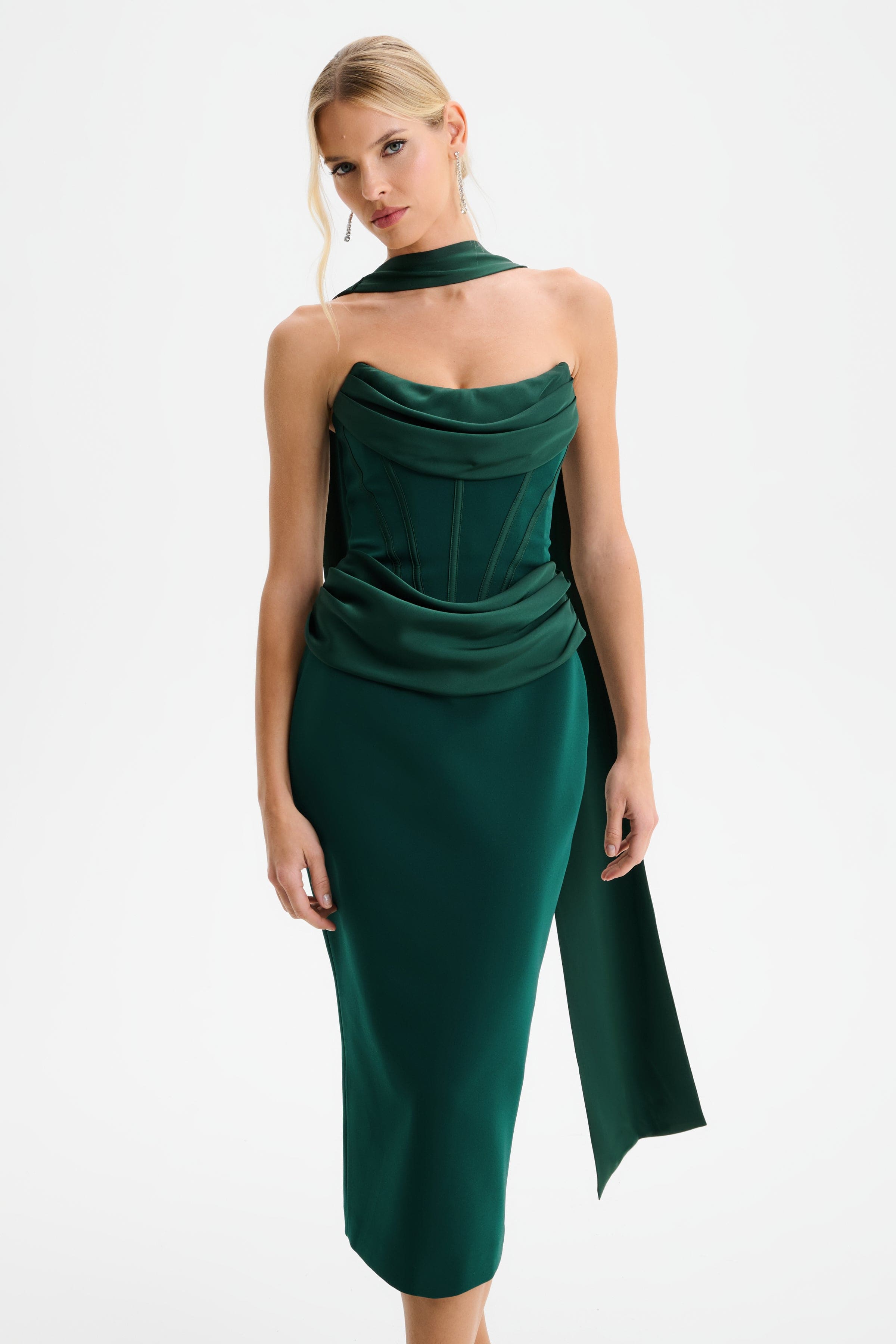 ZENDEYA Satin Draped Corset Midi Dress with Neck Scarf in Emerald Green
