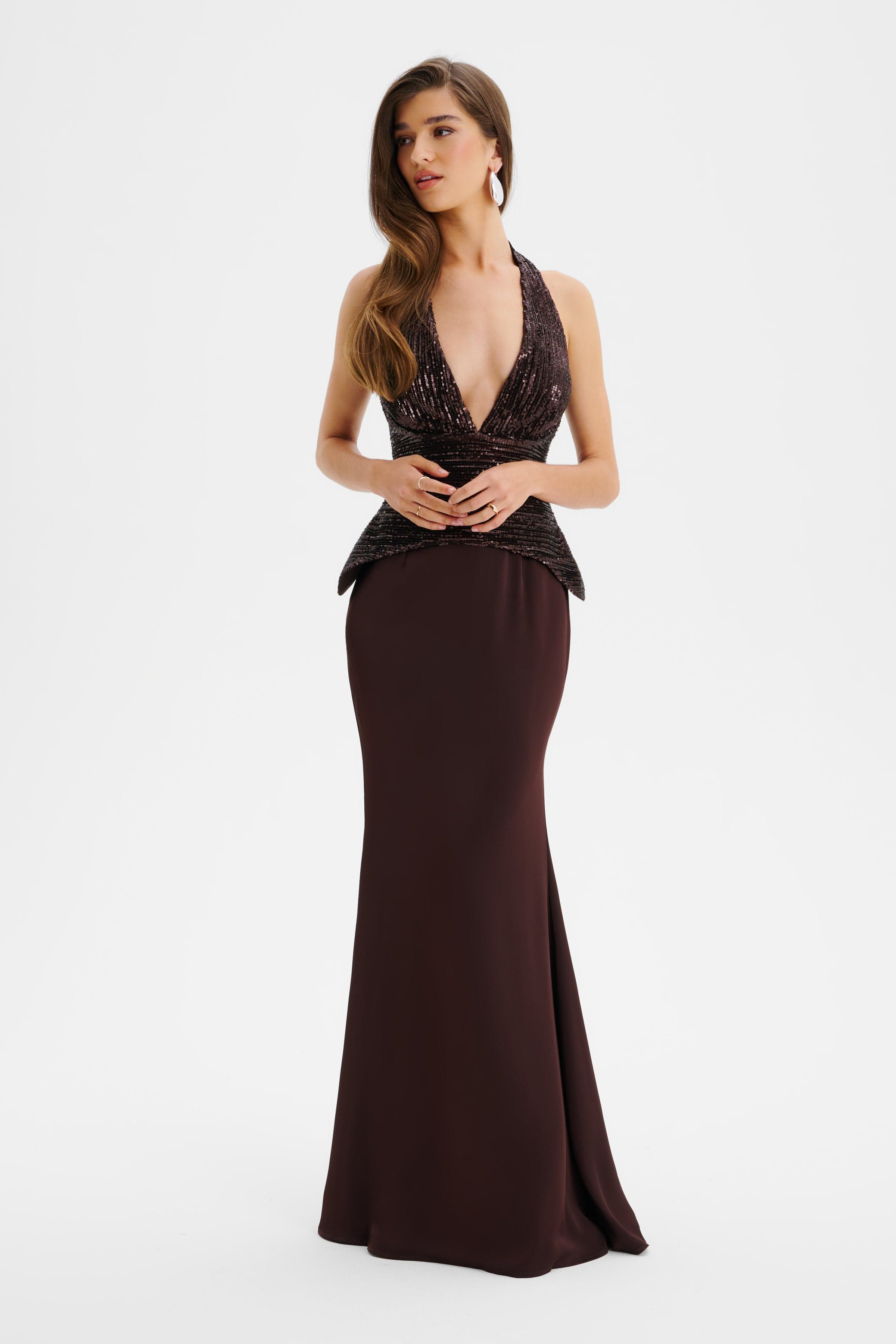 LUCIENNE Sequin Maxi Dress in Brown