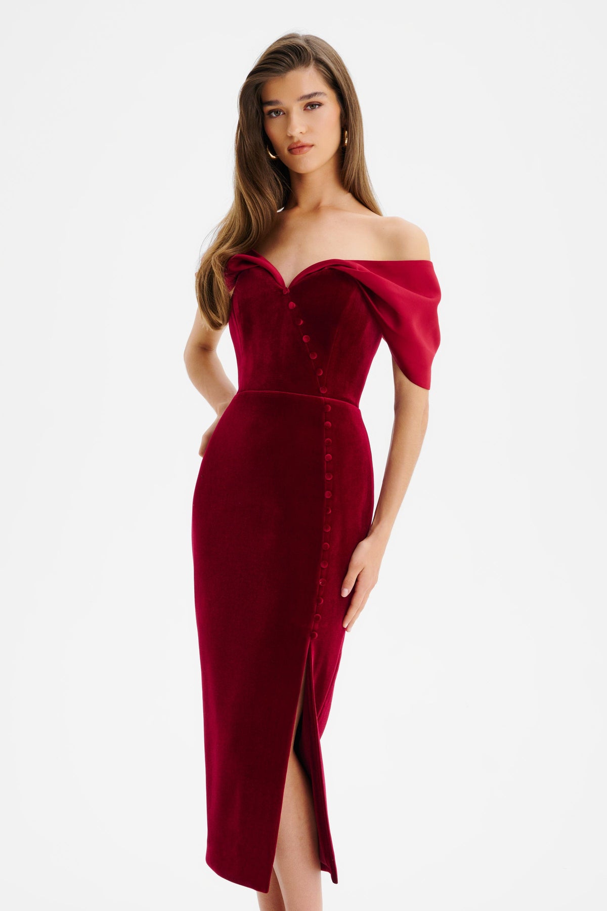 NOELLE Velvet Midi Dress in Burgundy