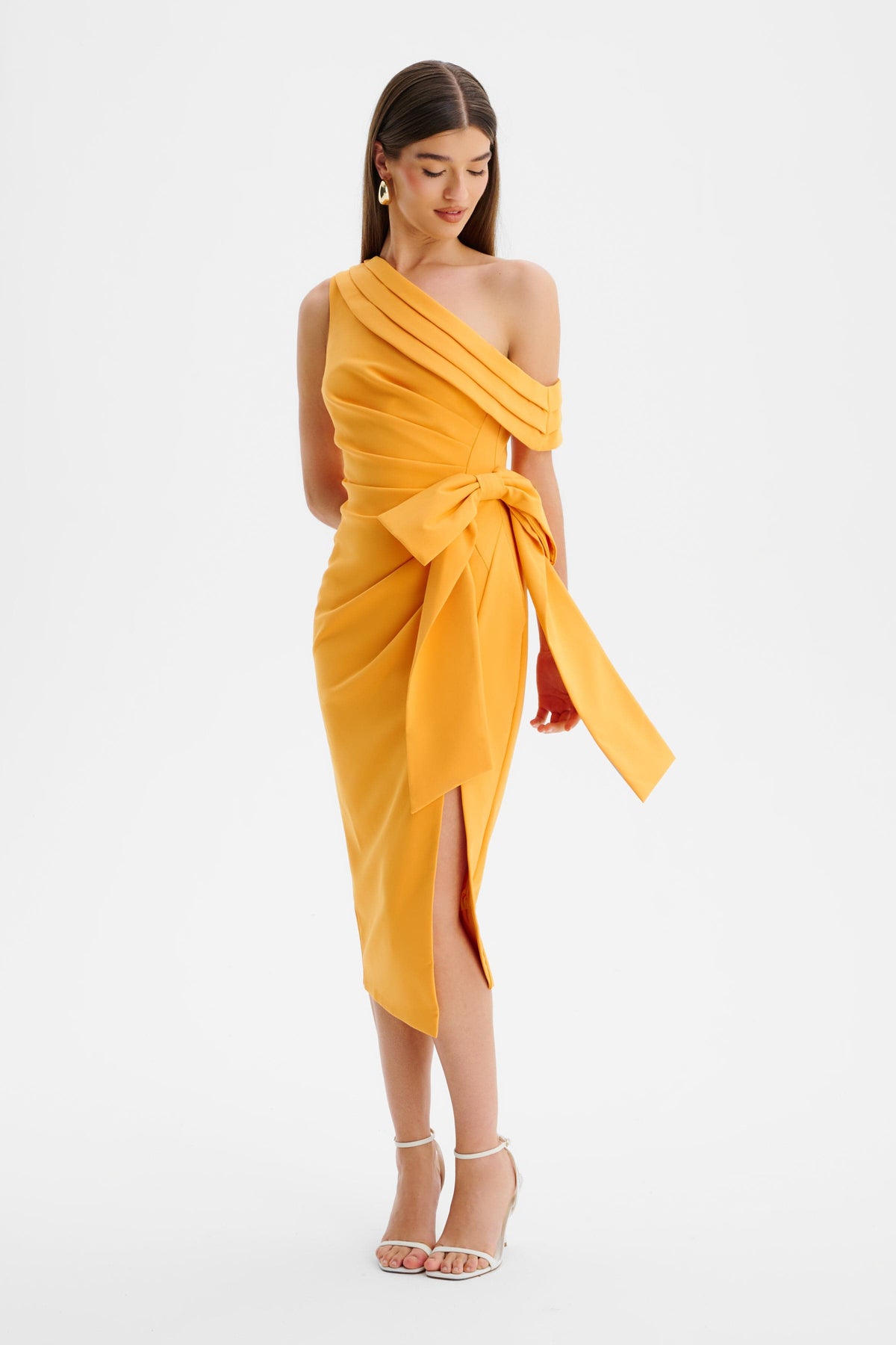 HONEY Asymmetric Midi Dress in Orange
