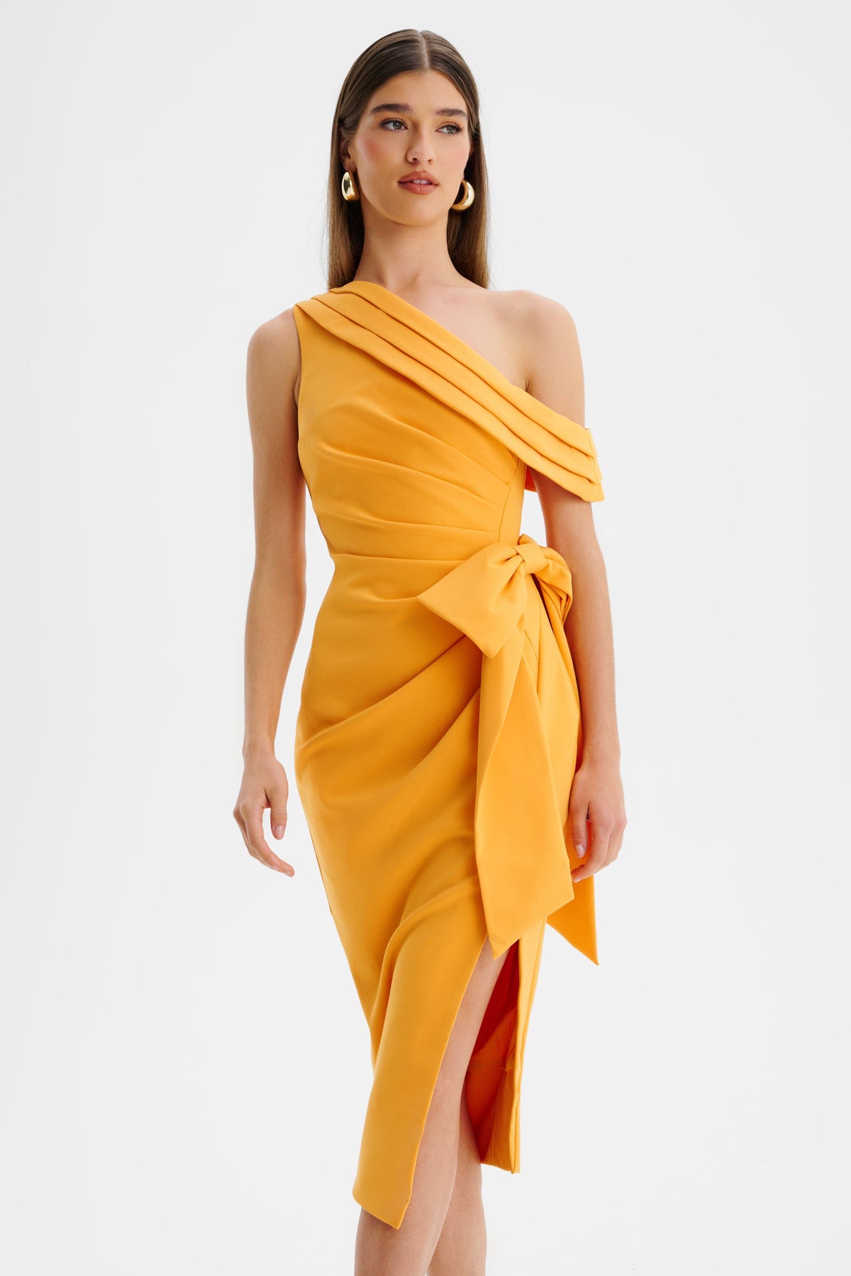 HONEY Asymmetric Midi Dress in Orange