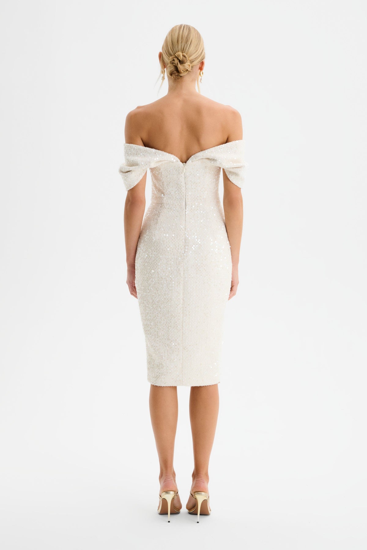 HARLEEN Draped Bardot Sequin Boucle Midi Dress in Beige