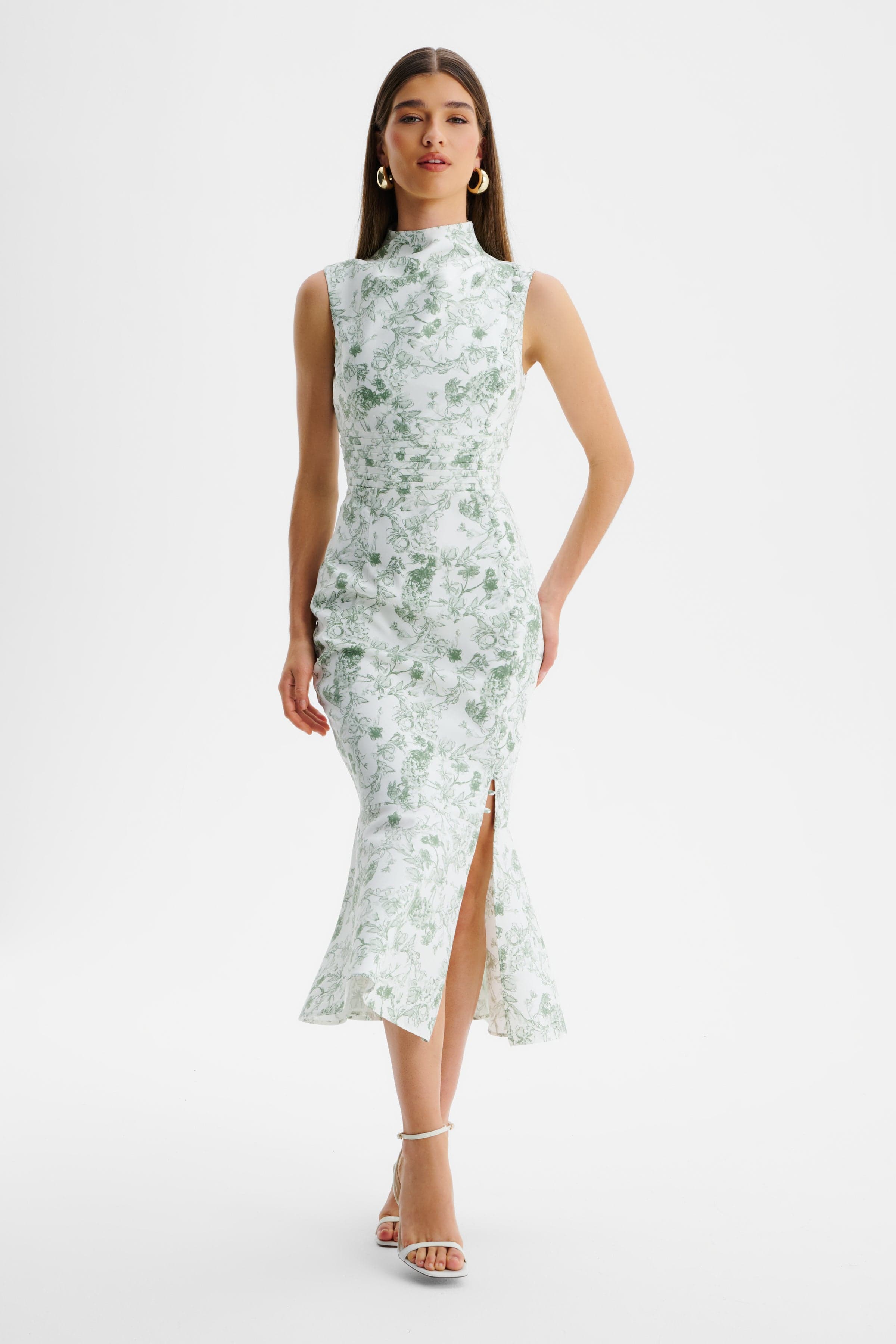 SAFFRON High Neck Midi Dress in White & Green