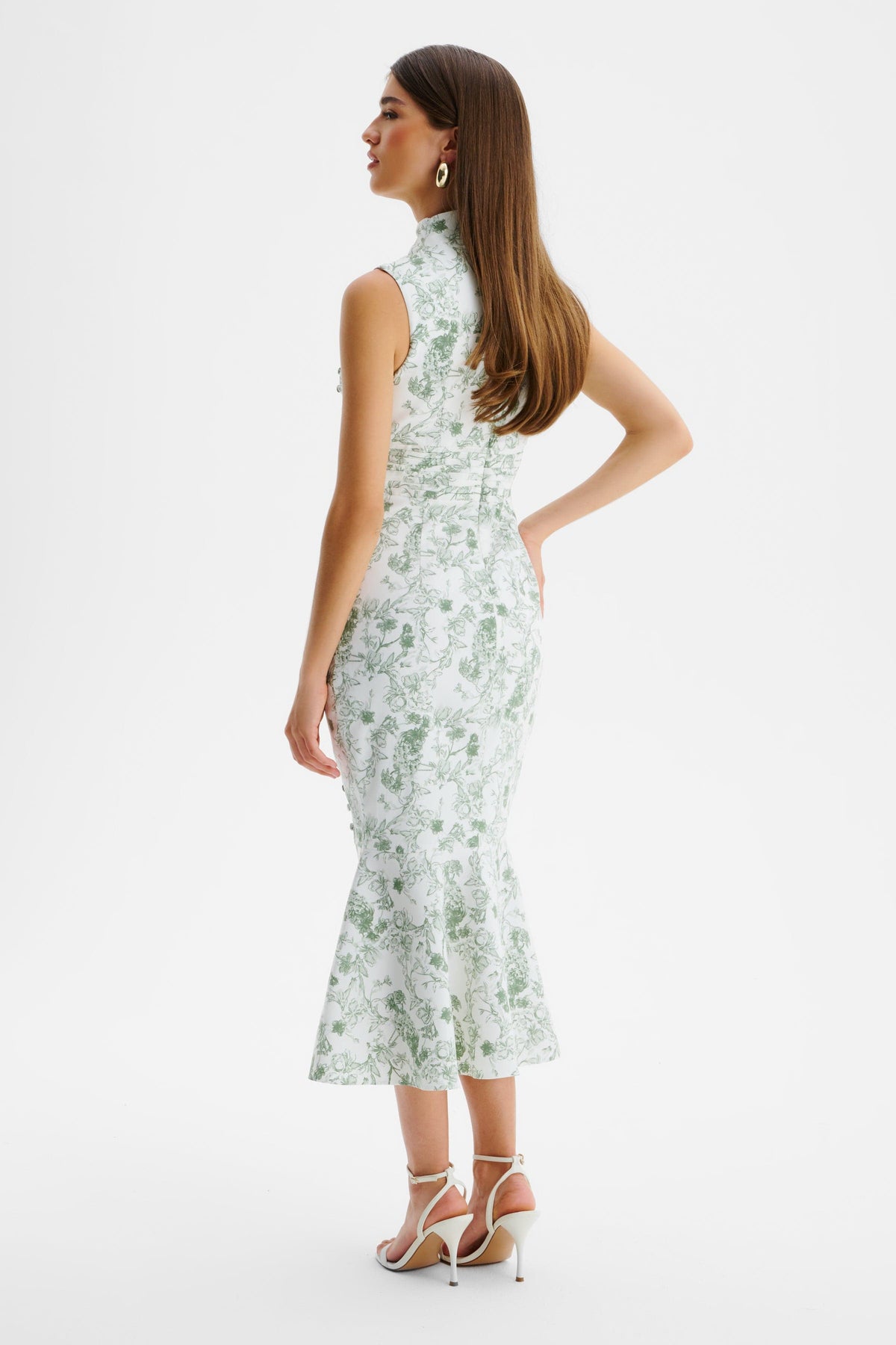SAFFRON High Neck Midi Dress in White & Green